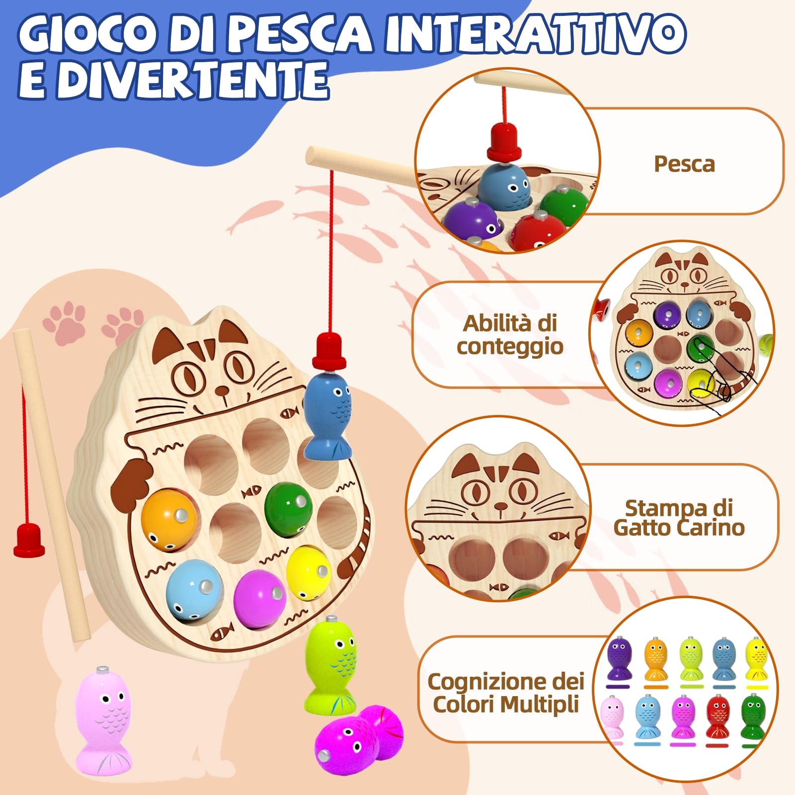 Giochi Montessori 2 Anni, Gioco Pesca Pesci Calamita 3 Anni con 10 Pesci 2 Canne da Pesca, Regalo Bambino per 2 3 4 Anni (Pesca al Gatto Carino)
