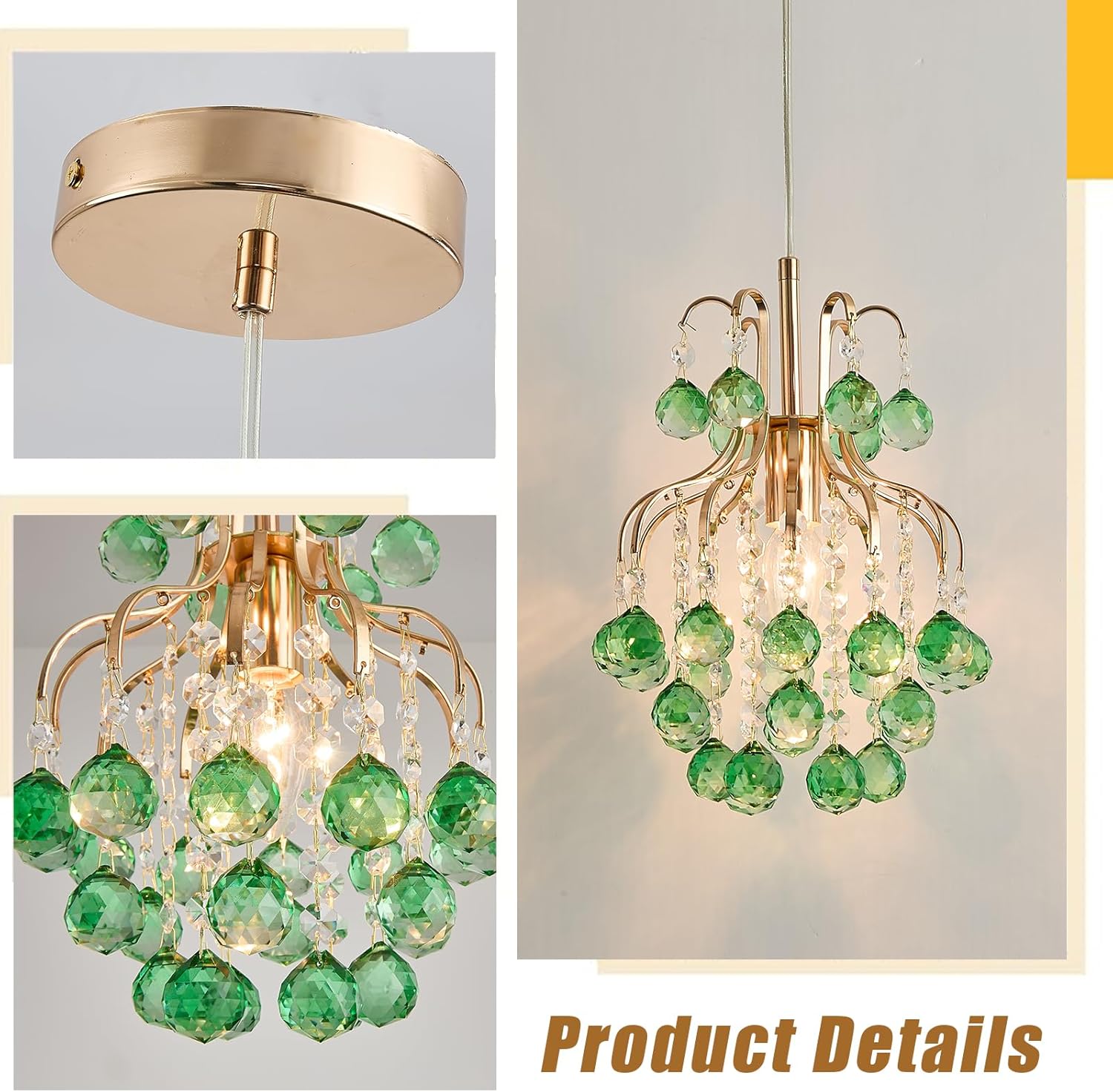 Surpars House Elegant Mini Chandelier Flush Mount Crystal Pendant Light,Golden (Green Shade)