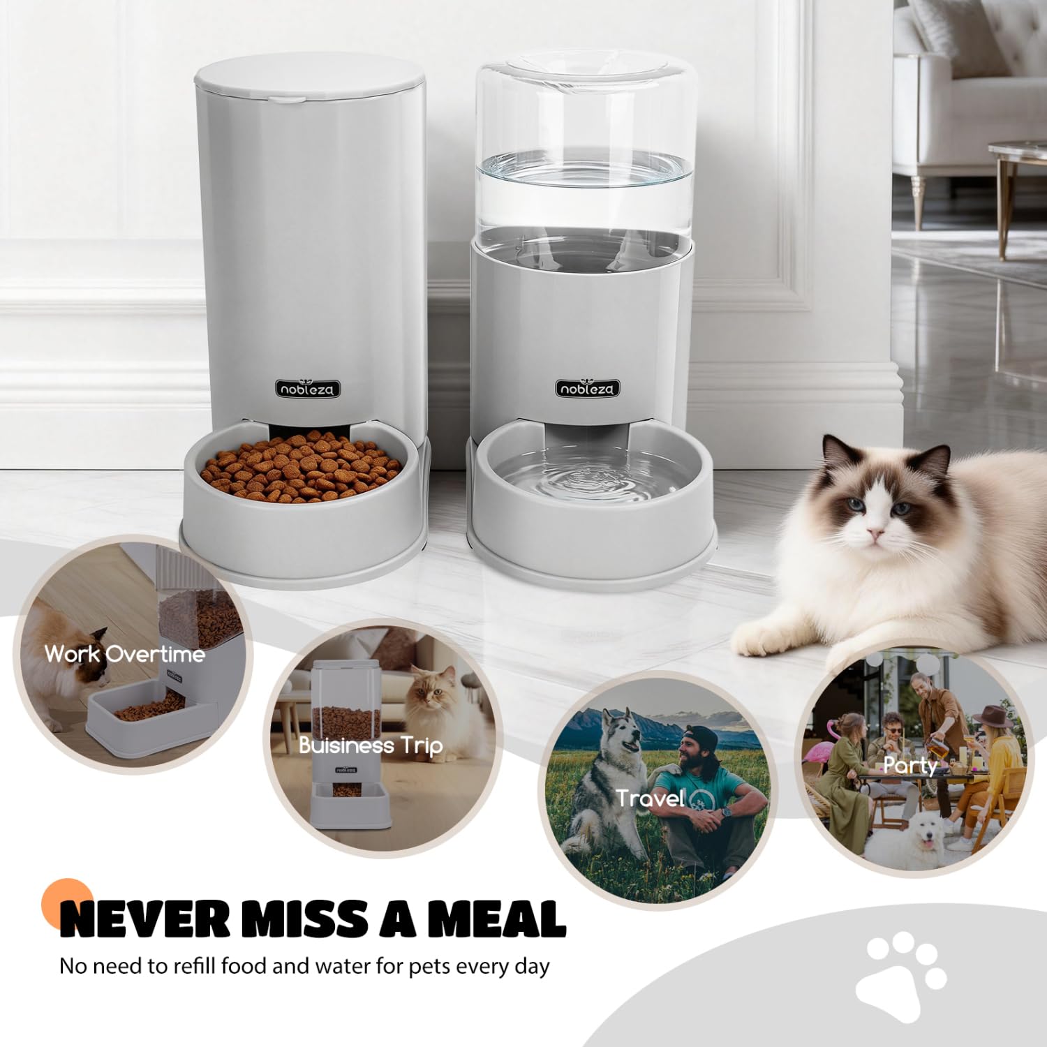 Nobleza Comedero Automático y Bebedero Gatos Perros, Dispensador Comida Gatos y Perros 3.8 L, para Perros y Gatos pequeños y medianos, Pack 2 Unidades