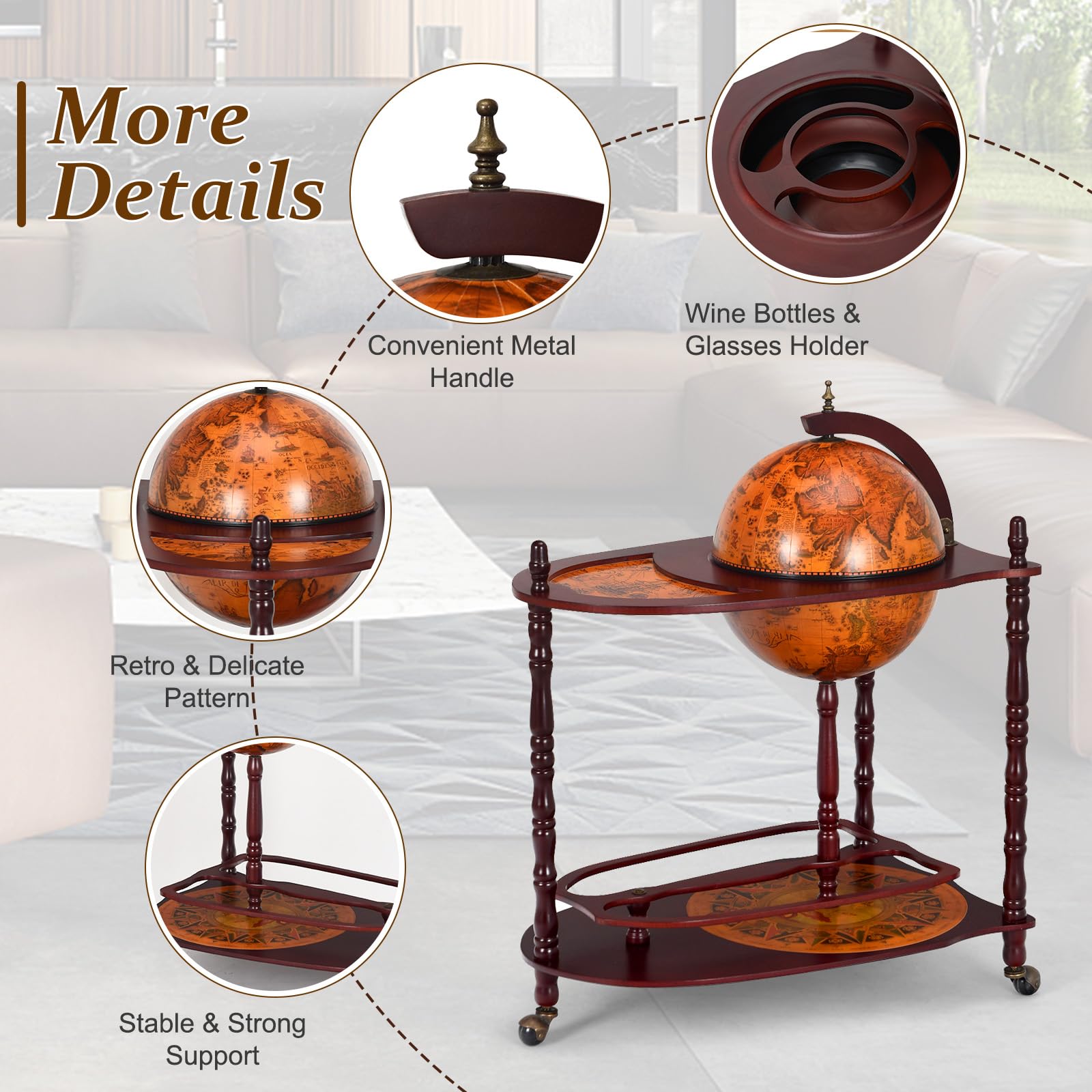 KOMFOTTEU Porte-bouteilles Bar Globe avec roues, porte-bouteilles à 2 niveaux, chariot de bar en bois, meuble minibar pour boissons, pour restaurant, fête (marron, 70 x 45 x 88 cm)