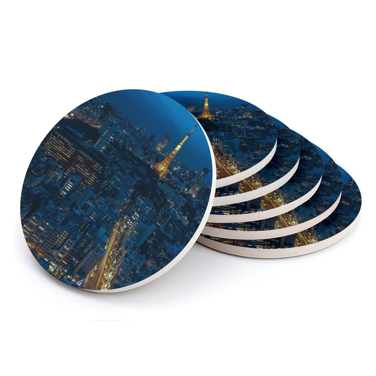 Sous-verres ronds en céramique Tour Eiffel illuminée de Paris en lot de 6 pièces
