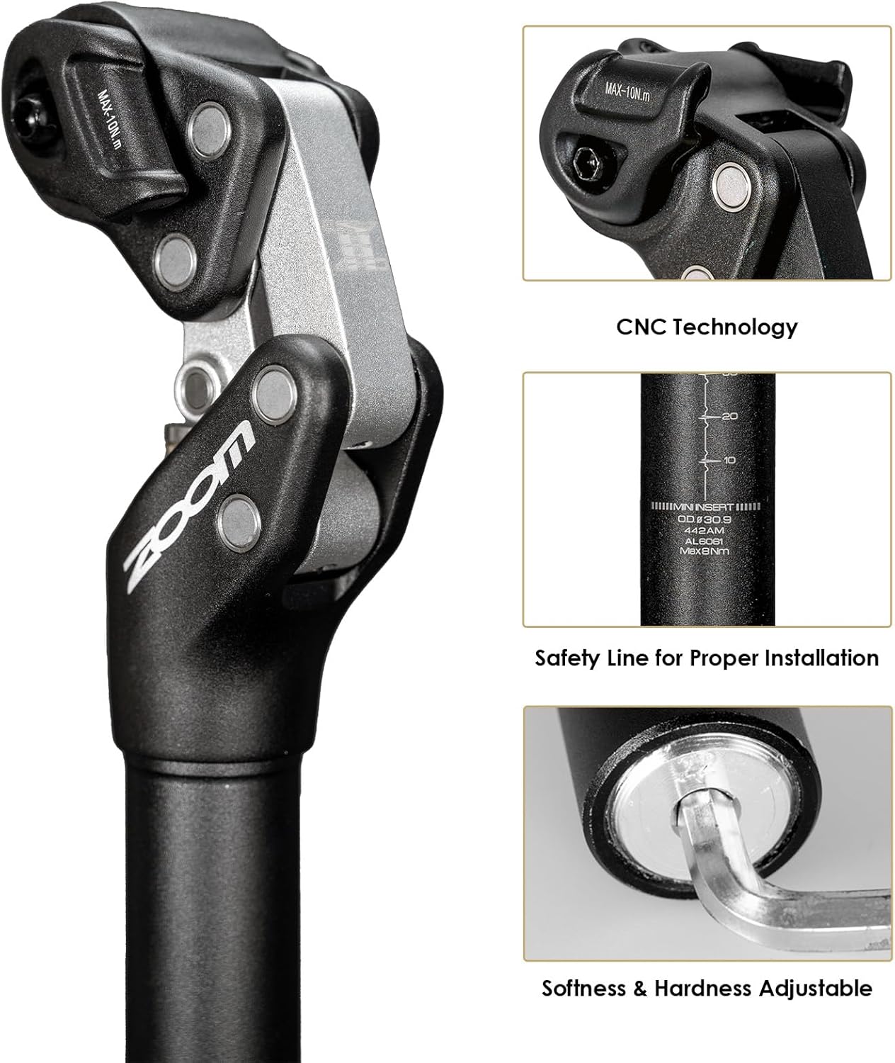 Zoom SP442 Bike Suspension Seatpost, 27.2mm/30.9mm/31.6mm, Adjustable Shock Absorber for Road, Gravel, E-Bikes, Supports up to 242 lbs Heavy Riders