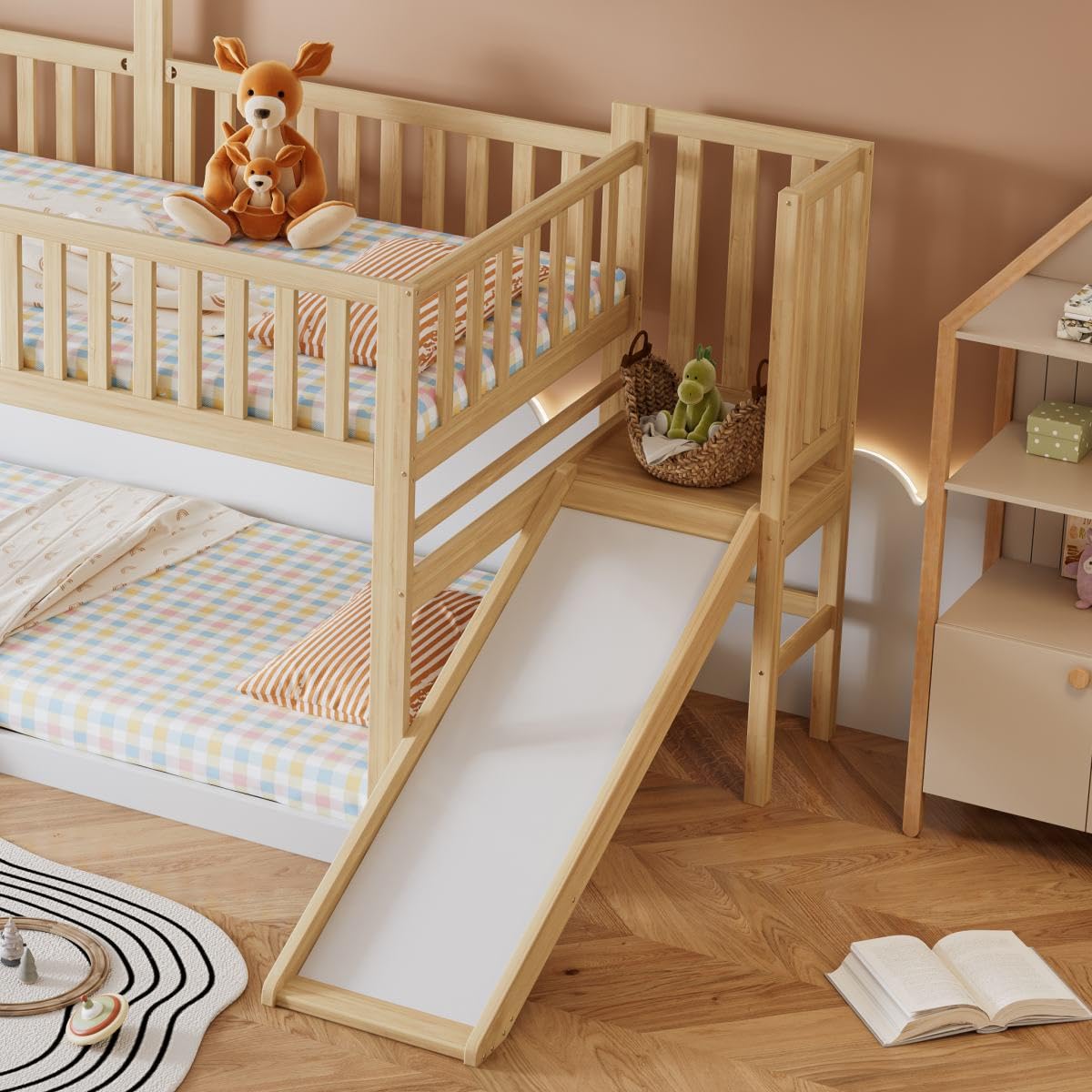 Lit Mezzanine Enfant 90x200 Cm Avec Toboggan Et Tableau Noir - Bois Naturel, échelle Sécurisée
