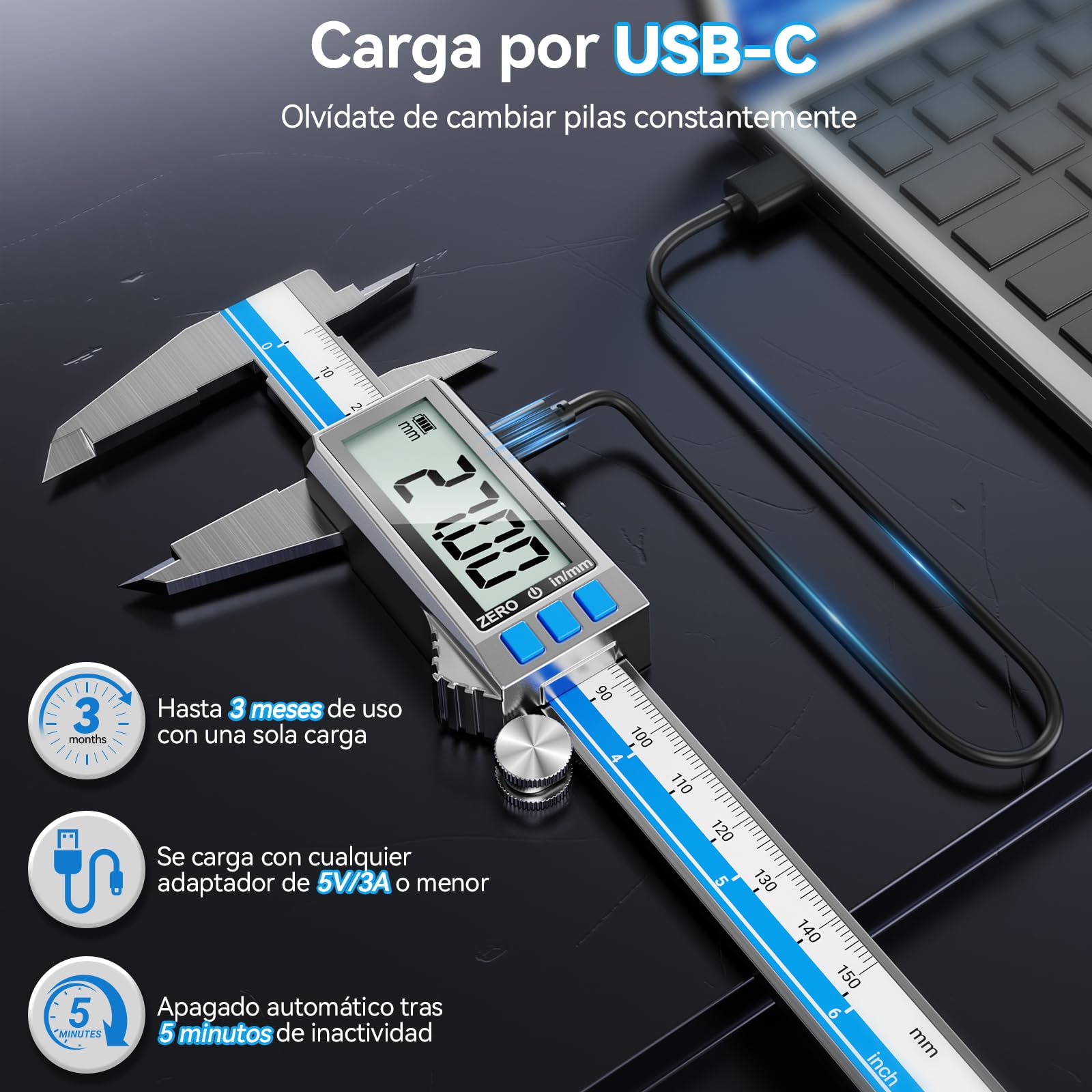 Preciva Calibre Digital, Pie de Rey Digital USB-C Recargable, 150mm Calibrador Digital con Pantalla LCD Grande, Acero Inoxidable, Conversión MM/Pulgadas Profesional y Hogar
