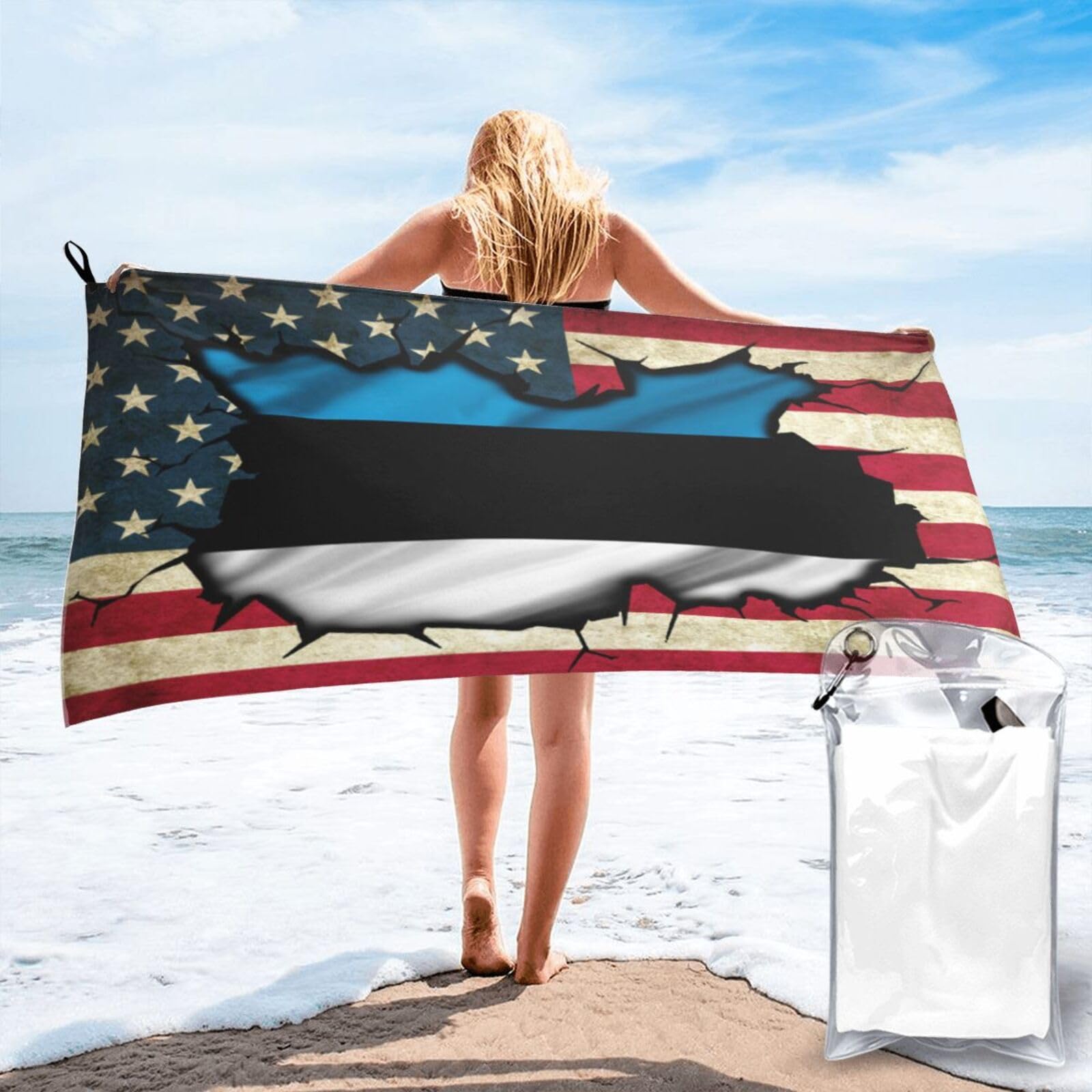 HACXZ Vintage America Flag and Estonians Flag Absorbent Beach Towel Microfiber Beach Towel Lightweight 31.5"X63"
