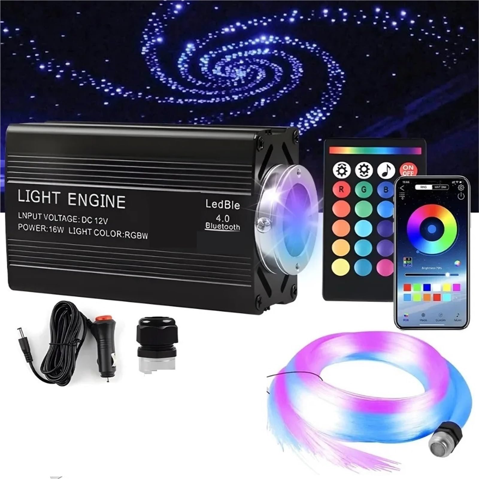 Kit de luces LED fibra óptica for techo coche, 12 W, 500/1000 unidades, con control por aplicación música RGB Meteor Alta Eficiencia(075mm 500 2M)
