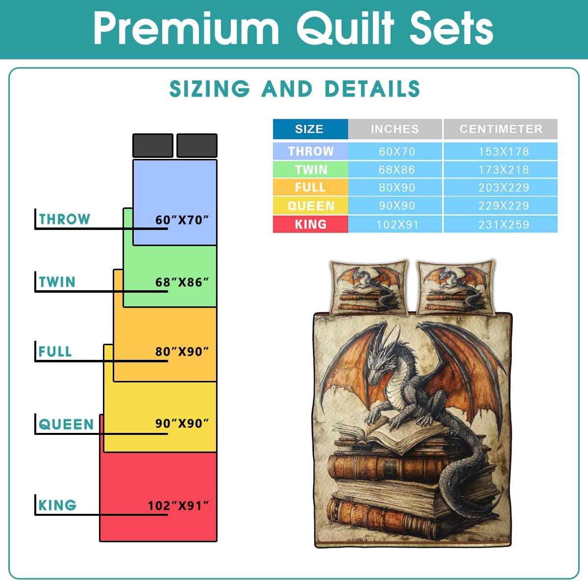 Personalized Vintage Book Dragon Quilt Bed Set, Yellow Dragons Blanket Bedding Set - Animals Bedding Set Twin Full Queen Set Bookshelf Decor Dragon Lover Gift for Boy Him