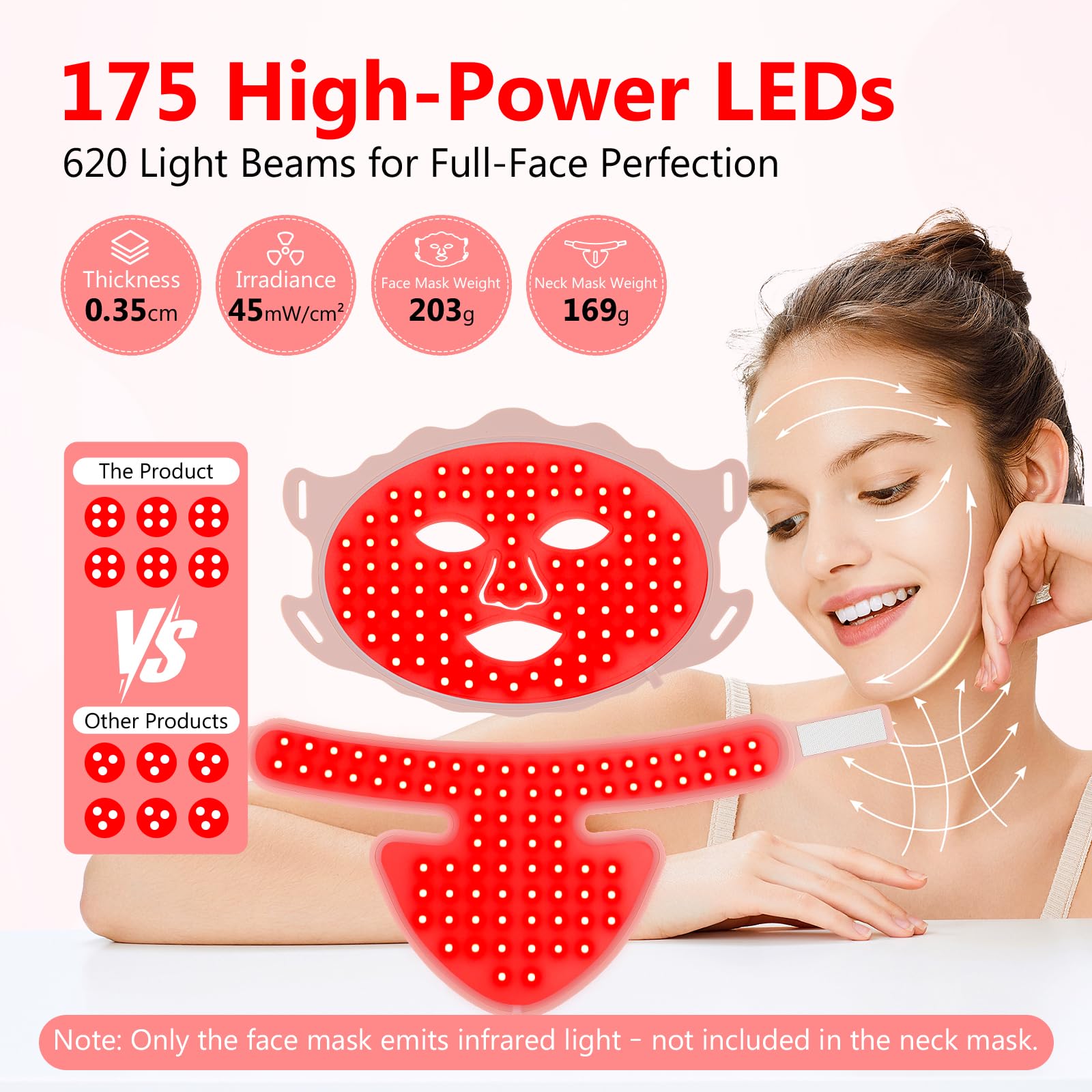 Masque LED de luminothérapie pour le visage, 7 couleurs avec lampe à lumière rouge pour le visage et le cou soin professionnel à domicile