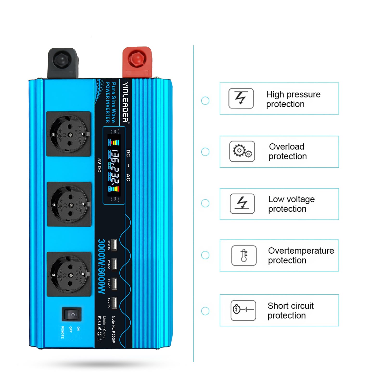 Inversor de Corriente Onda Pura 3000W Transformador De 12v A 230v con 3 Tomas de CA y 4 x USB LCD, Control Remoto inalámbrico
