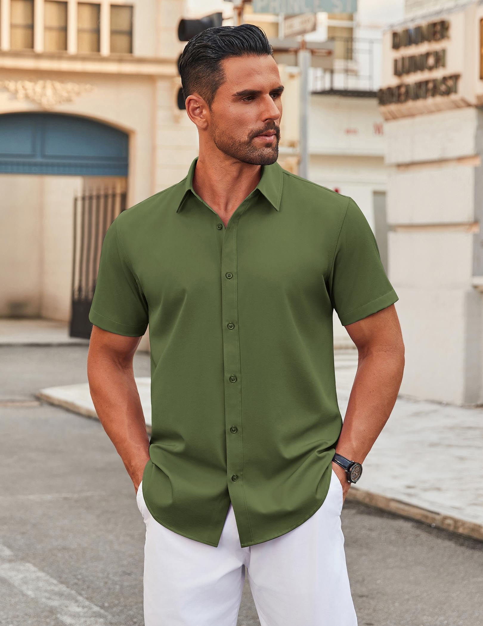 COOFANDY Men's Stretch Dress Shirts Short Sleeve Wrinkle Free Casual Button Down Shirts: Army Green X-Large