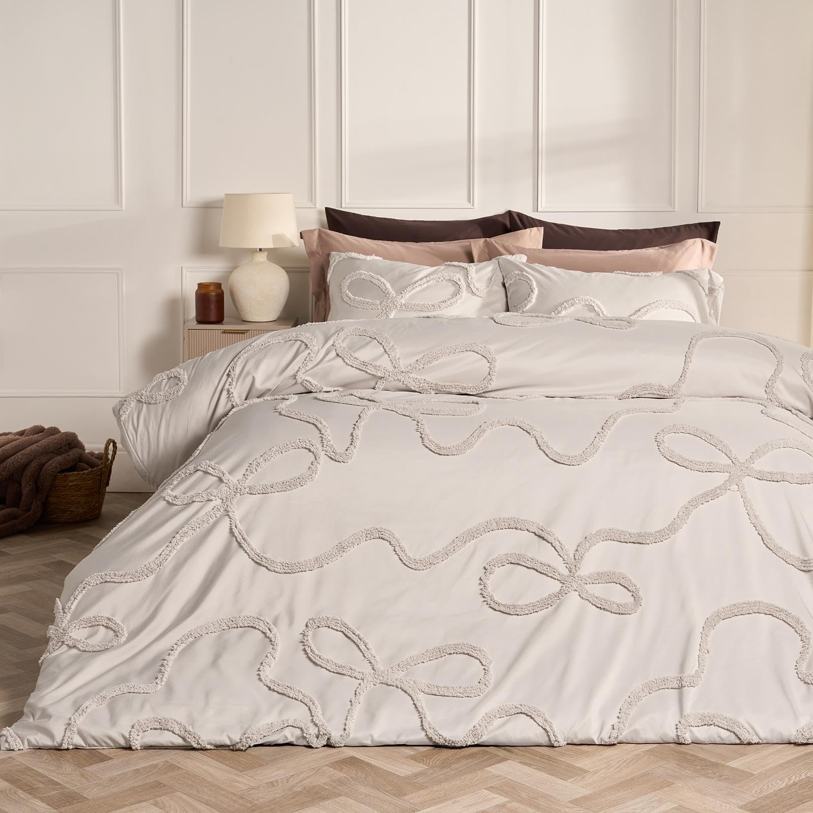 OHS Bedding Double Bed Set Tufted Bows, Bow Gifts for Women Super Soft Cosy Warm Bow Bedding Quilt Cover Luxurious Comfy Double Duvet Set with Matching Pillowcases, Stone