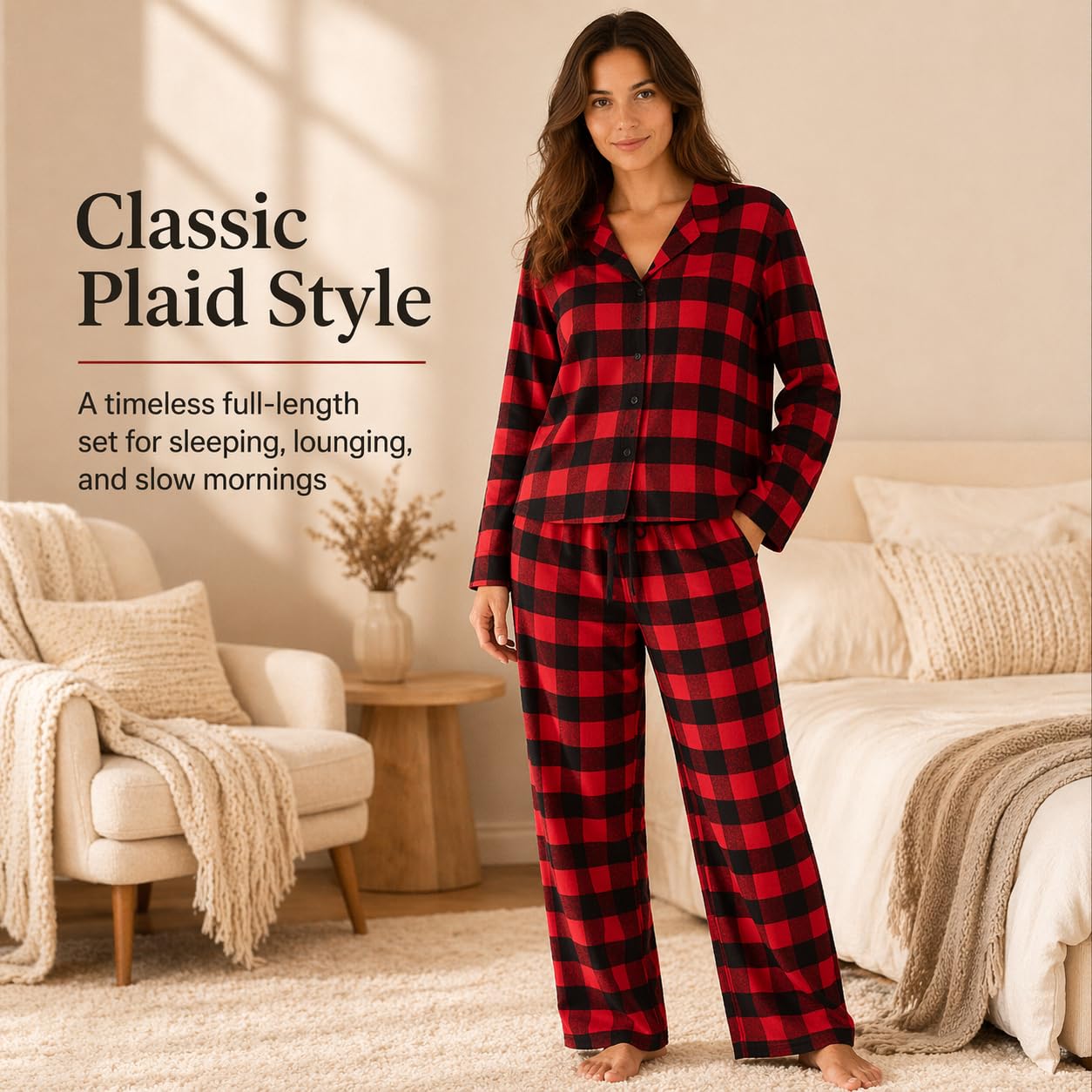 Conjunto de Pijama Tejido de Franela para Mujer 100% Algodón Juego de Ropa de Dormir a Cuadros Manga Larga con Bolsillos