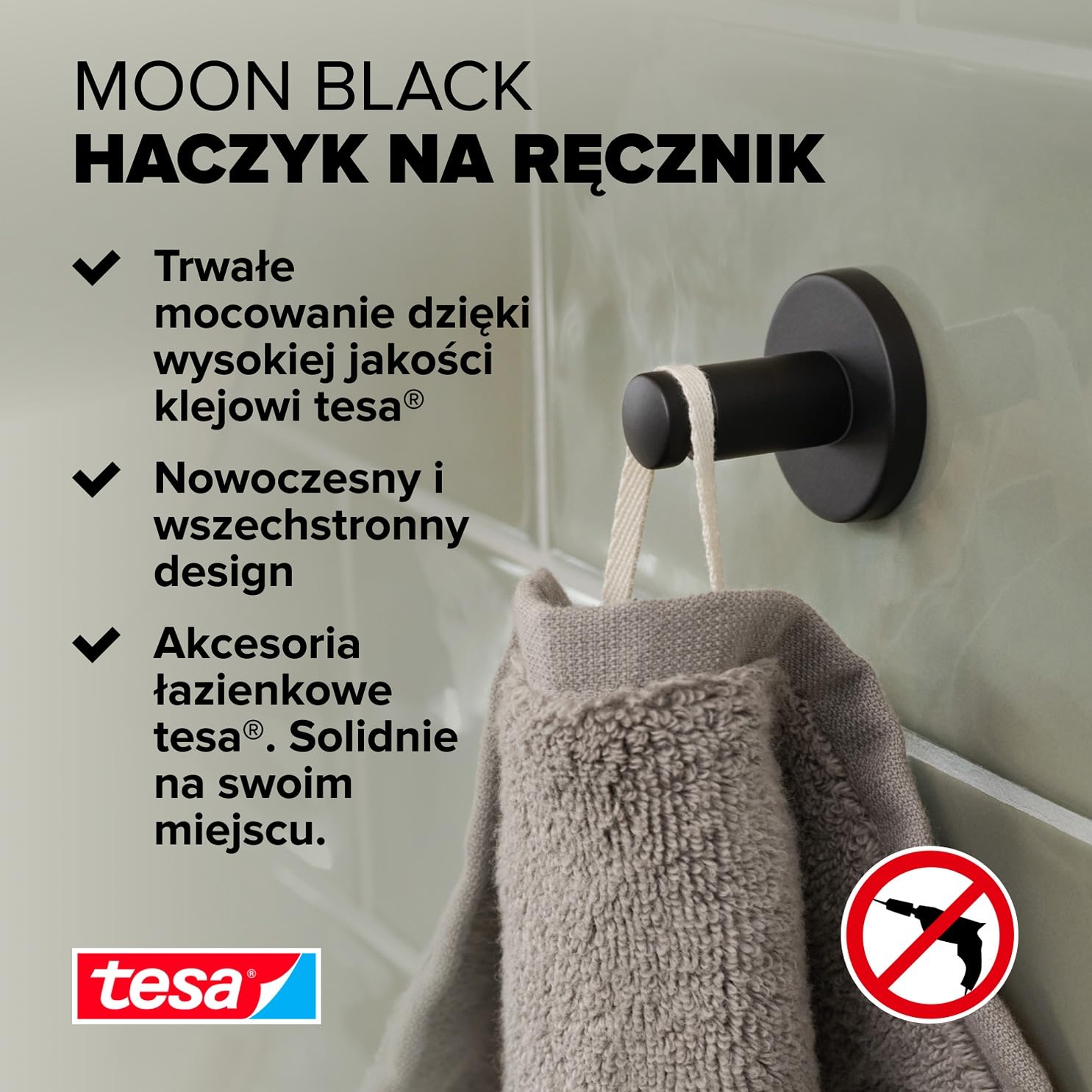 tesa MOON BLACK haczyk na ręcznik, czarny mat - do łazienek w stylu industrialnym - bez wiercenia, samoprzylepny - 37 mm x 37 mm x 36 mm