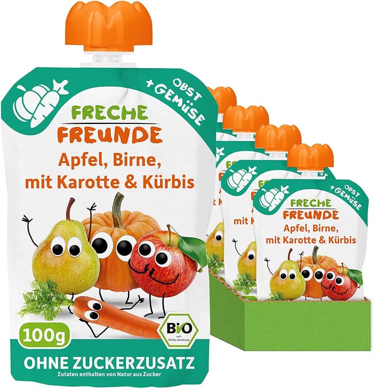 FRECHE FREUNDE Bio Quetschie Apfel, Birne, Karotte & Kürbis, Fruchtmus mit Gemüse im Quetschbeutel für Babys ab dem 6. Monat, vegan, 6er Pack (6 x 100g)