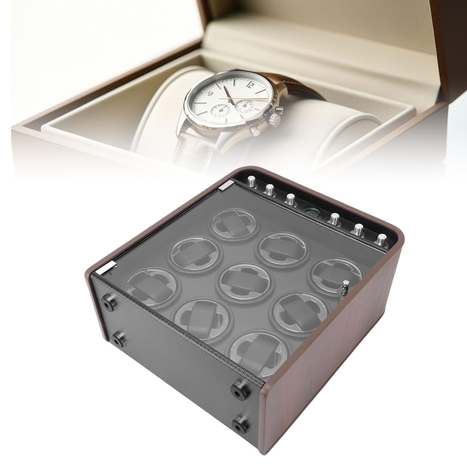 Caricaorologi, Luce LED Controllata da Smartphone con Lente Ottica Funzionamento Silenzioso 10dB Sensore di Temperatura e umidità, per Orologi Automatici Finitura con Venature