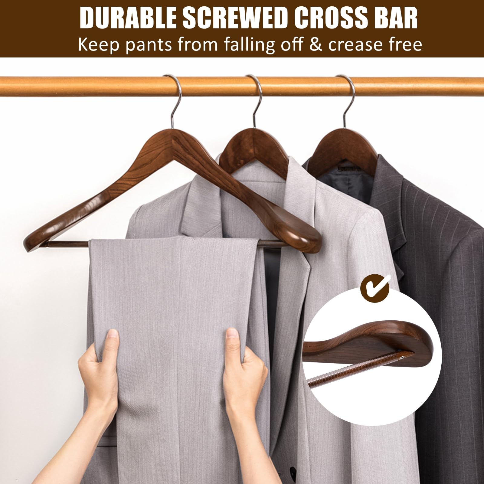 Amber Home Confezione da 6 grucce in legno di noce, a spalla larga, con barra antiscivolo per pantaloni, giacche, vestiti e maglioni, finitura liscia, per vestiti pesanti