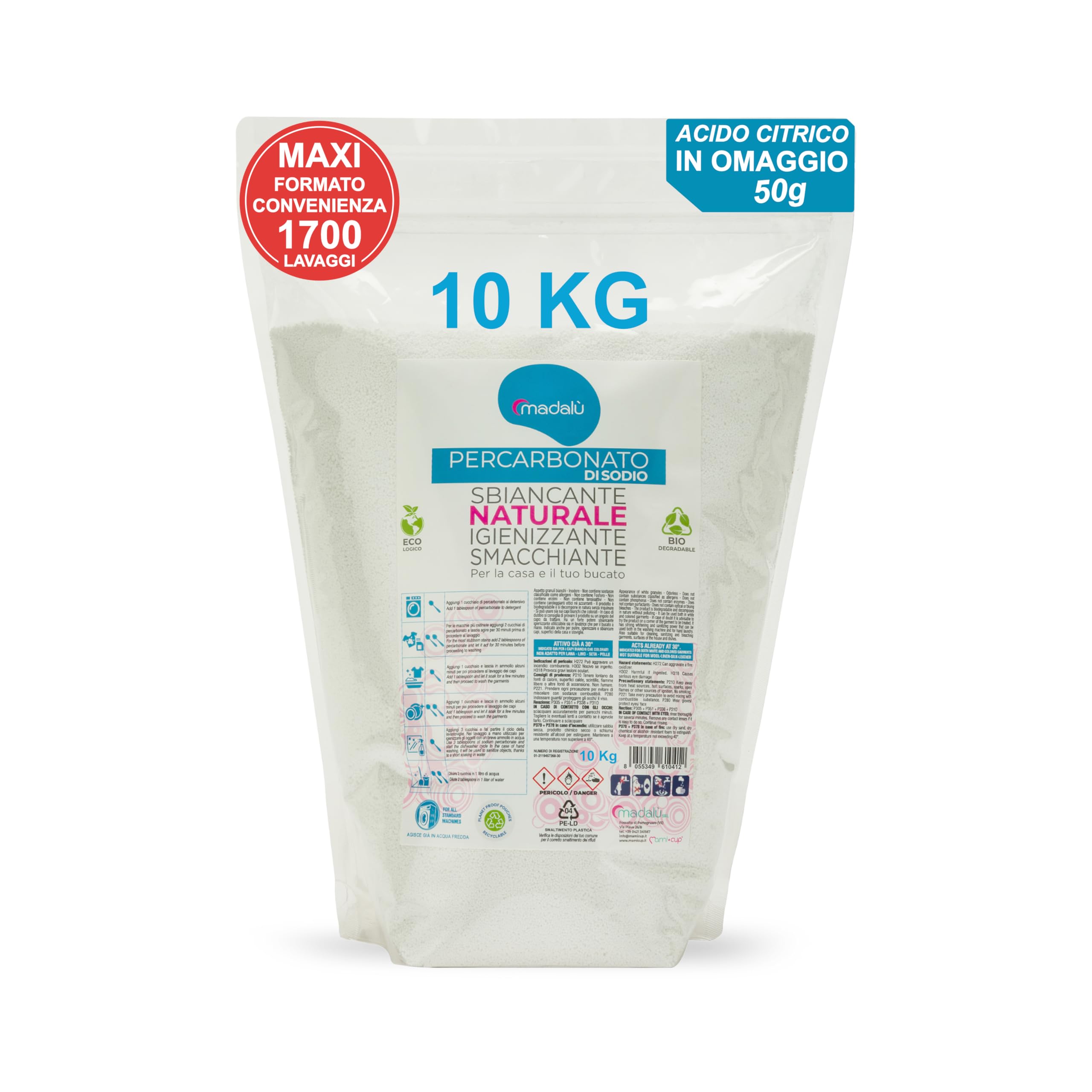 Percarbonato di Sodio per Bucato Puro (10 Kg, 1700 Lavaggi) Smacchiatore Bucato ad Azione Sbiancante Smacchiante Igienizzante Naturale, Antimuffa, Busta Richiudibile - IN OMAGGIO 50gr di Acido Citrico