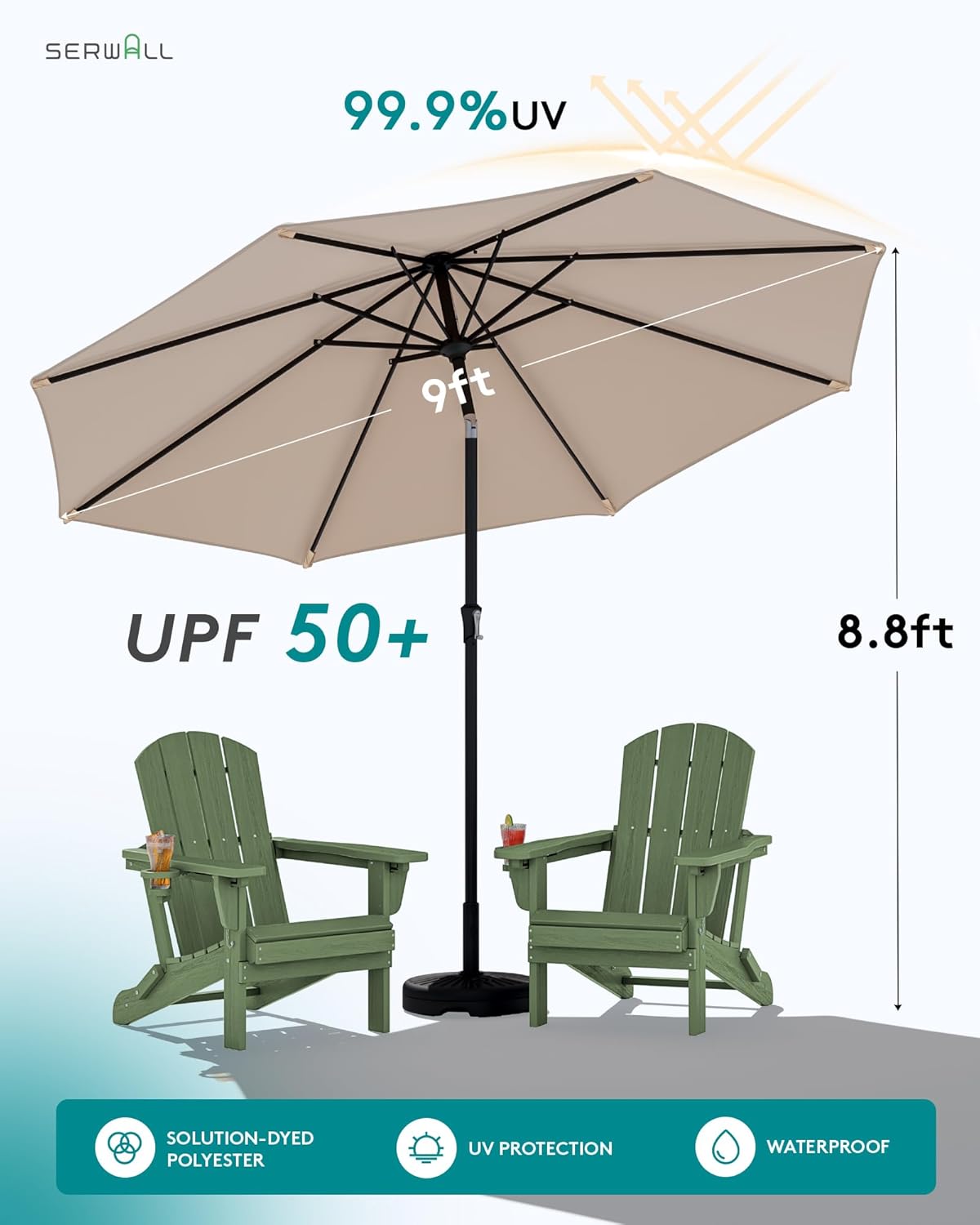 SERWALL Folding Adirondack Chair Set of 2 with 9 Ft Umbrella, HDPE Adirondack Chairs with Adjustable Recline Positions, Avocado Green (Umbrella Base is not Included)