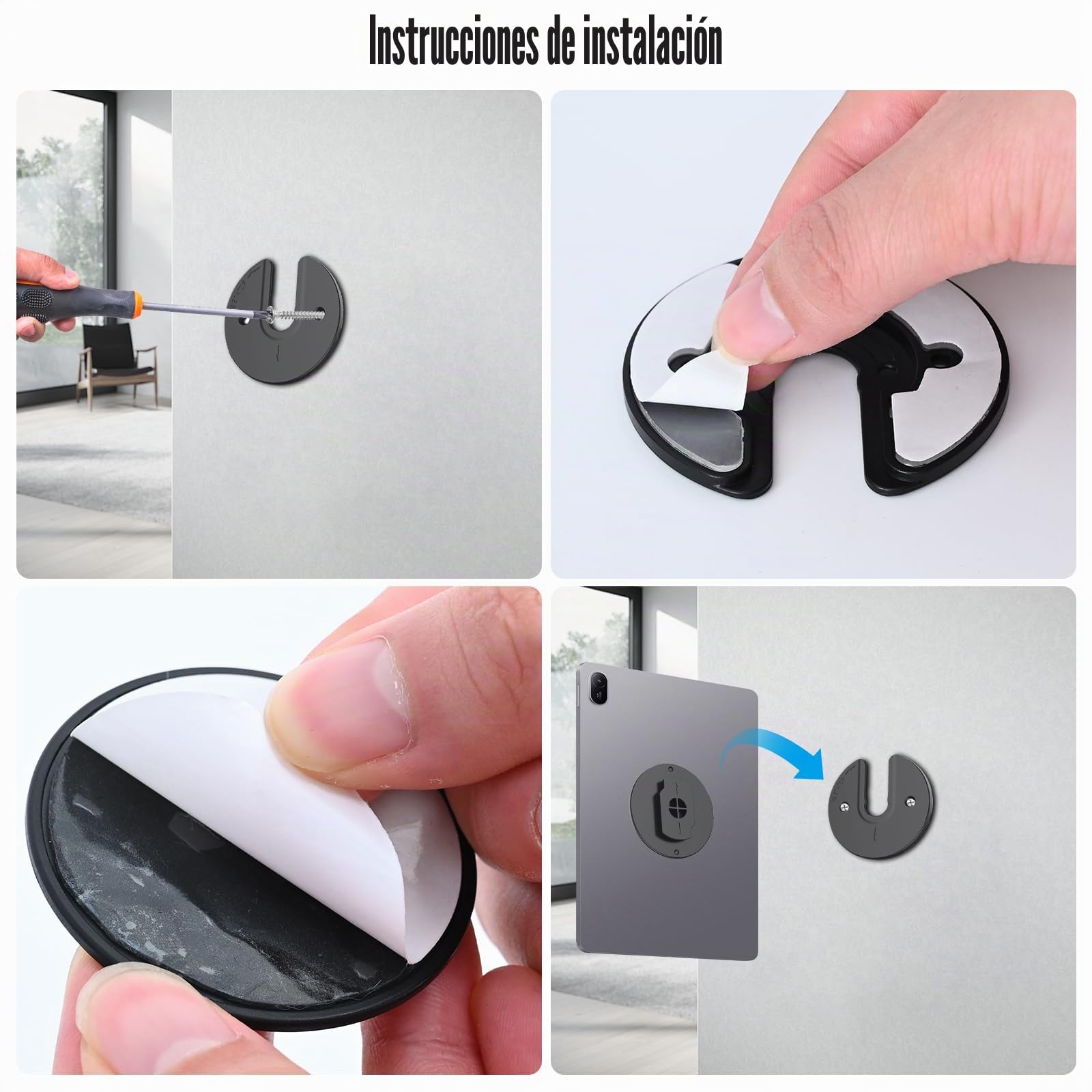 2 soportes de pared para tableta, rotación de 90°, soporte universal con adhesivo y tornillos, soporte de pared ajustable para tableta, smartphone y lector electrónico, compatible con iPad