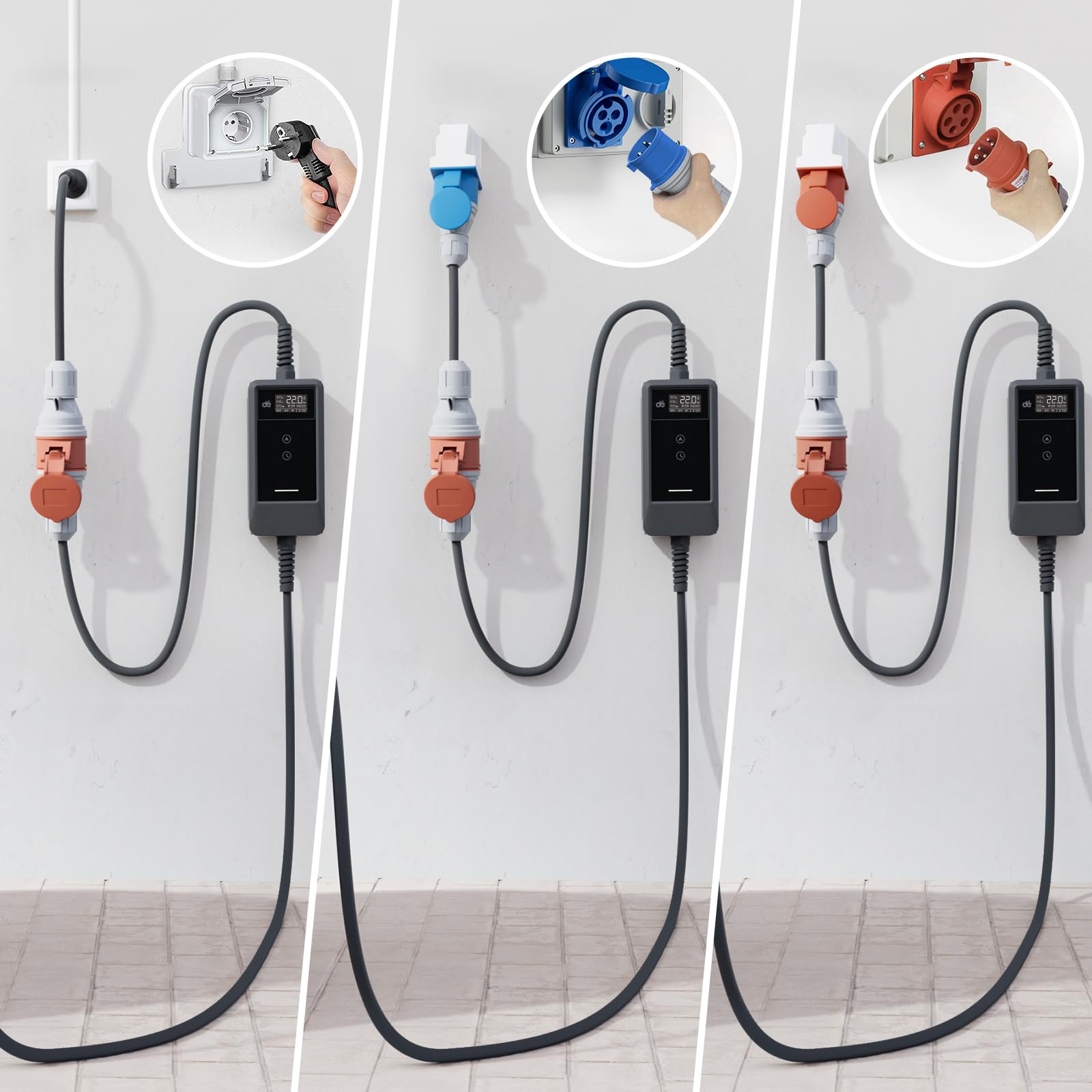 dé Adaptateur CEE 16A 5 Pôles pour 22kW Chargeur EV/Station de Charge vers Prise de CEE 16A Rouge/Bleu/ 230V avec Câble Caoutchouc 0,5m H07RN-F 3G2.5mm² IP44 Utilisation en Extérieur