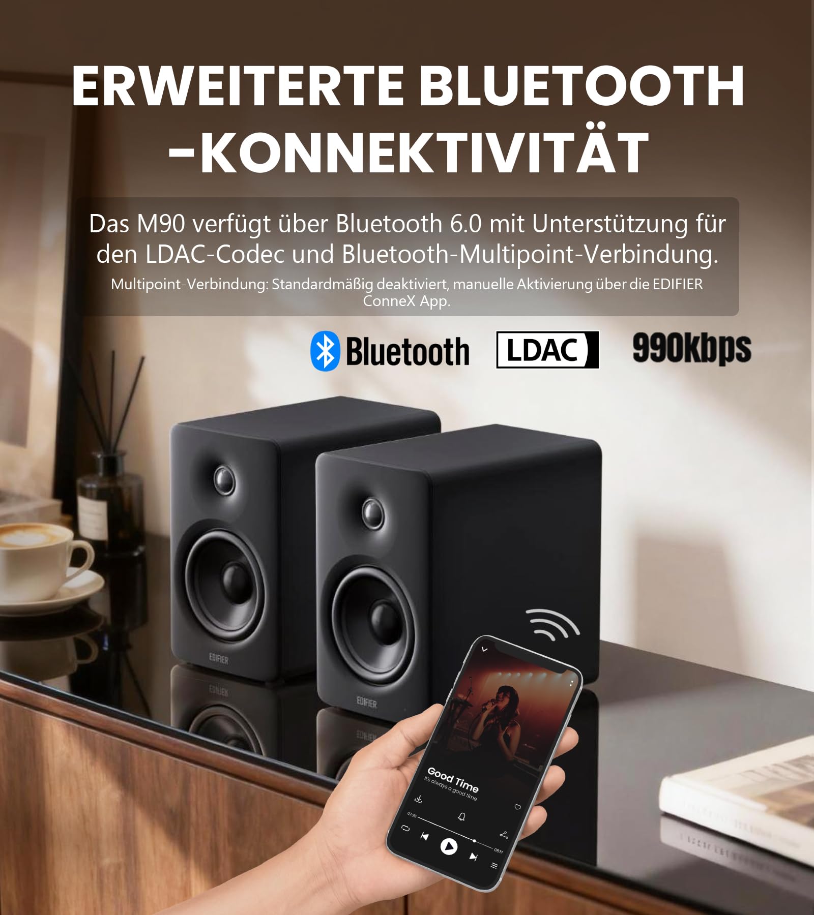 Edifier M90 Regal-Lautsprecher, 100 W RMS Desktop-Lautsprecher, Hi-Res-Audio, LDAC, Bluetooth 6.0, kompakter Lautsprecher, HDMI eARC/optischer/USB-C/AUX-Eingang, SUB Out, Aktivlautsprecher – Schwarz