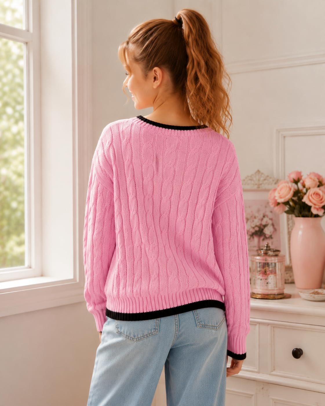 Girls Cable Knit Sweater V Neck Pullover Sweaters Long Sleeve Preppy Fall Winter Clothes Size 7-13