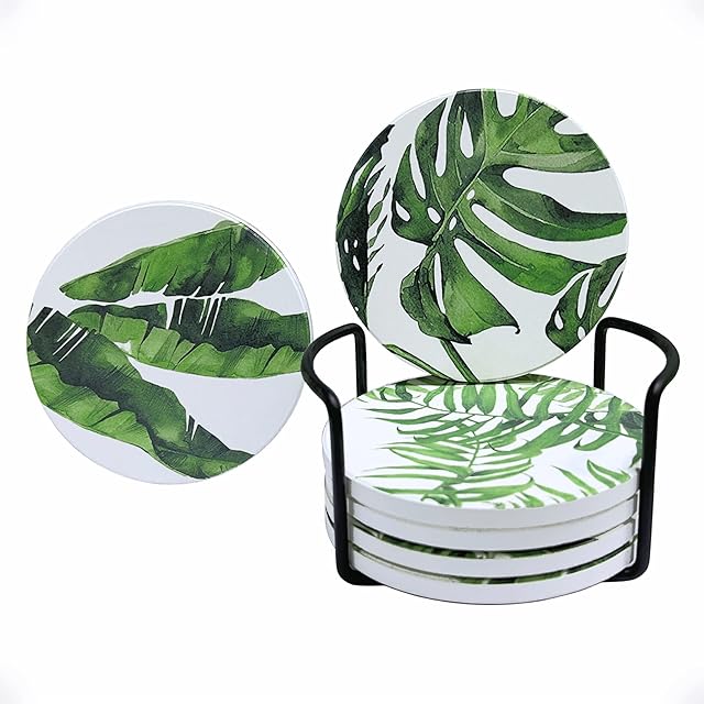 Coasters Set of 6, Drinks Coaster With Holder for Kitchens Cafes Bars Home Absorbent Coaster Drinks Mat Set, Table Coasters Placemats Coaster Greenery Pattern Coaster 4 Inches Round