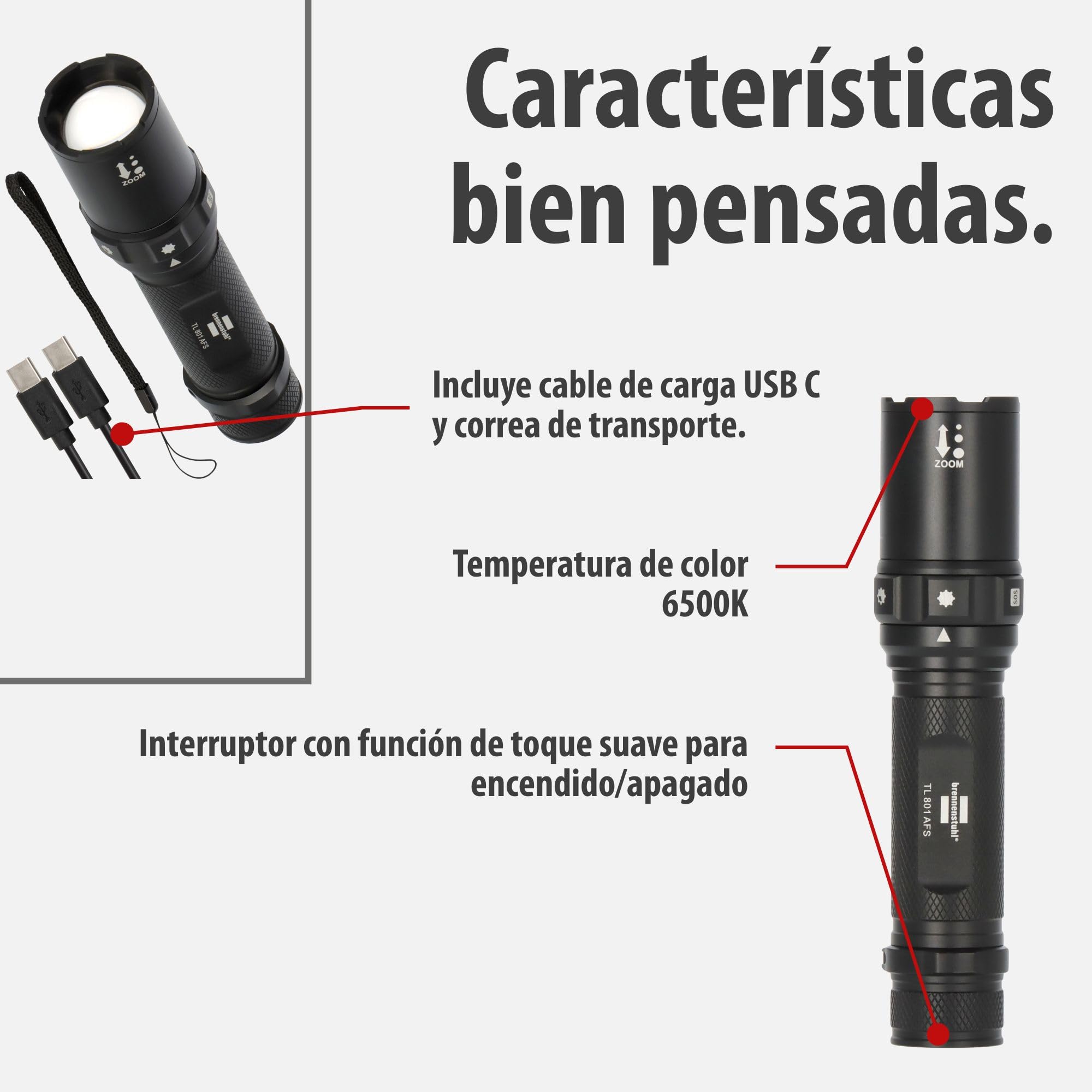 Brennenstuhl Linterna LED recargable con selector de foco TL 801 AFS IP44 (800lm, 230m, enfocable, máx. 42h, 6 modos incl. SOS y estroboscópico, Lámpara para exteriores IP44 incl. cable USB C)