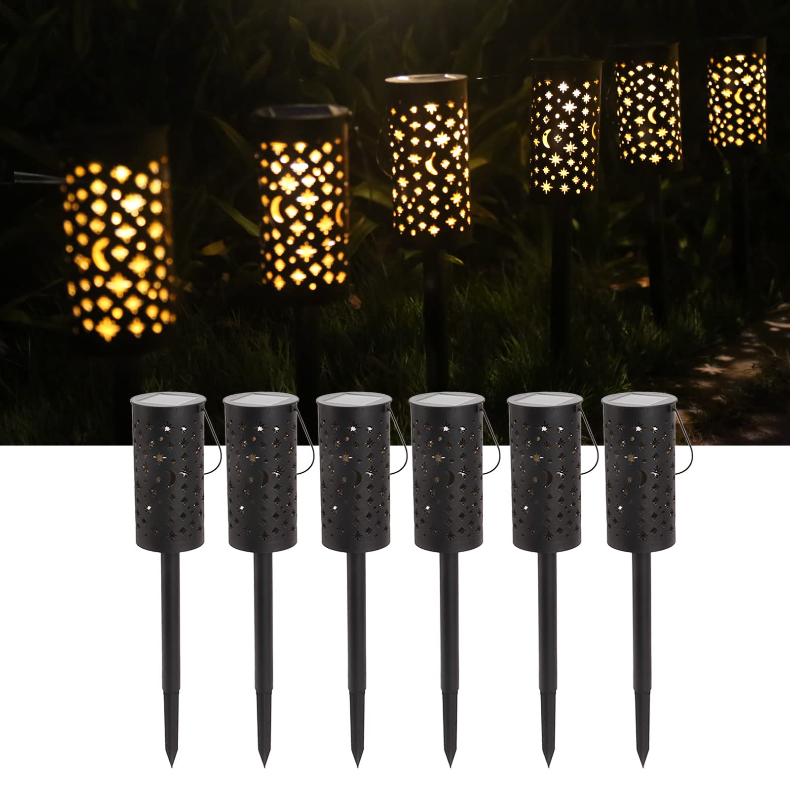 6pcs Solar Pathway Lights Moon Star Hollow Out Solar Garden Lights Wasserdichte Landschaftslichter mit Gartenpfahl Outdoor-Rasen-Patio-Gehweg
