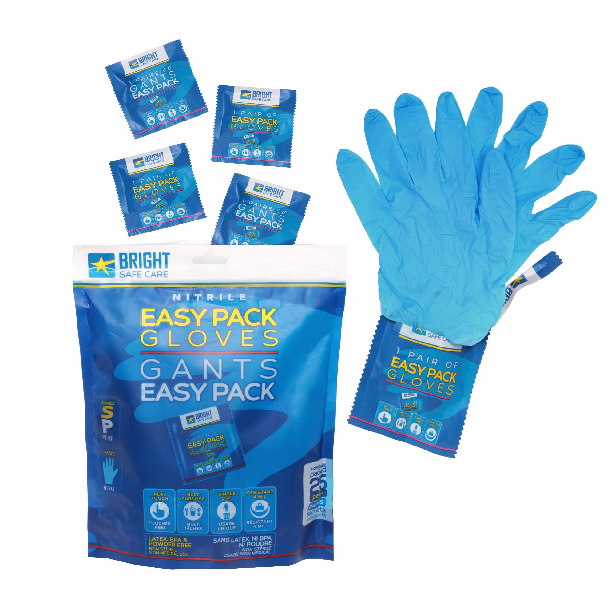 Bright Safe Care - Nitrile Rubber Gloves Disposable, 25 Individually Wrapped & Compact, Latex BPA Powder Free