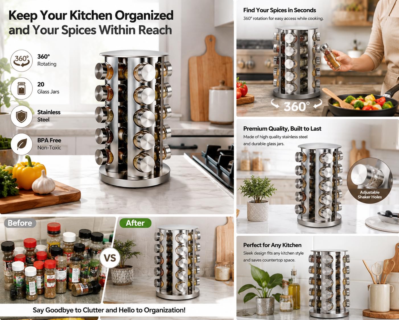 Estante giratorio para especias con 20 tarros, organizador giratorio de especias, acero inoxidable pulido con tapas negras, carrusel de especias de acero inoxidable para encimera de cocina, | Acero inoxidable pulido con tapas negras, carrusel de especias