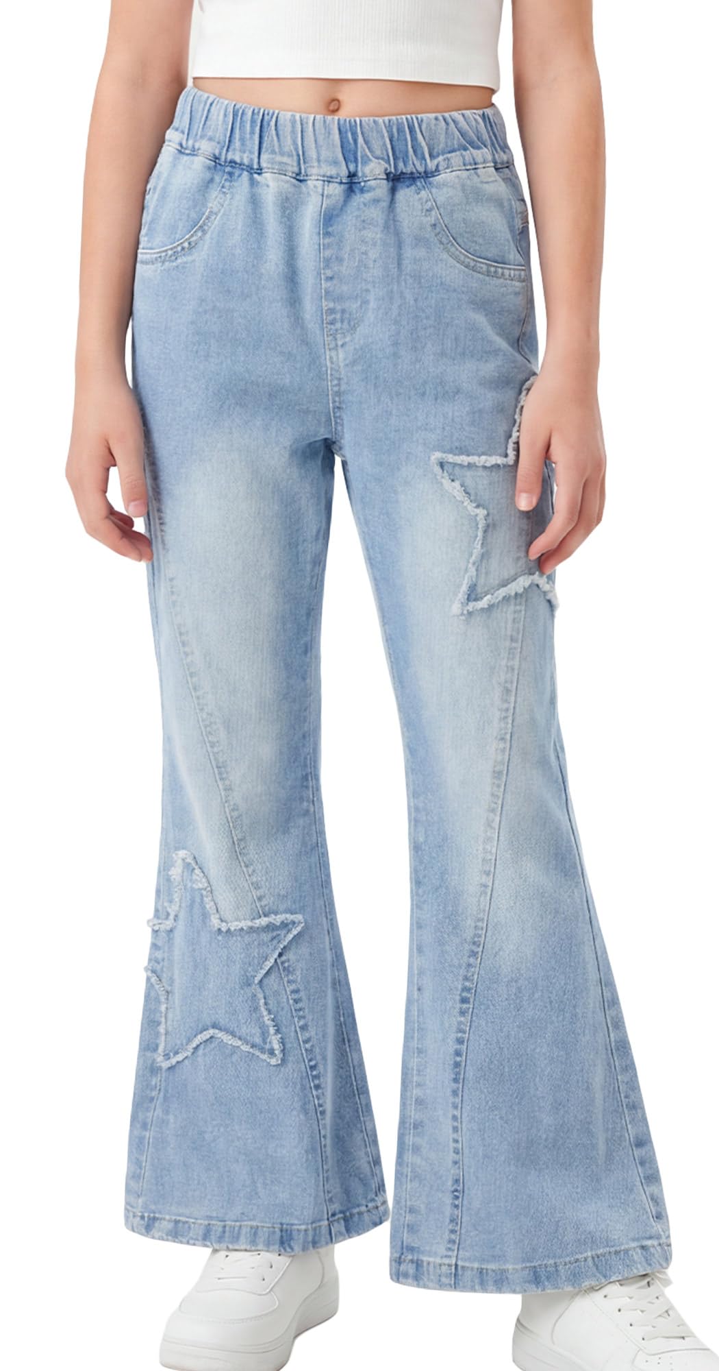 Maeau Jeans évasés pour filles - Motif étoiles - Patchwork - Taille élastique - Avec poches