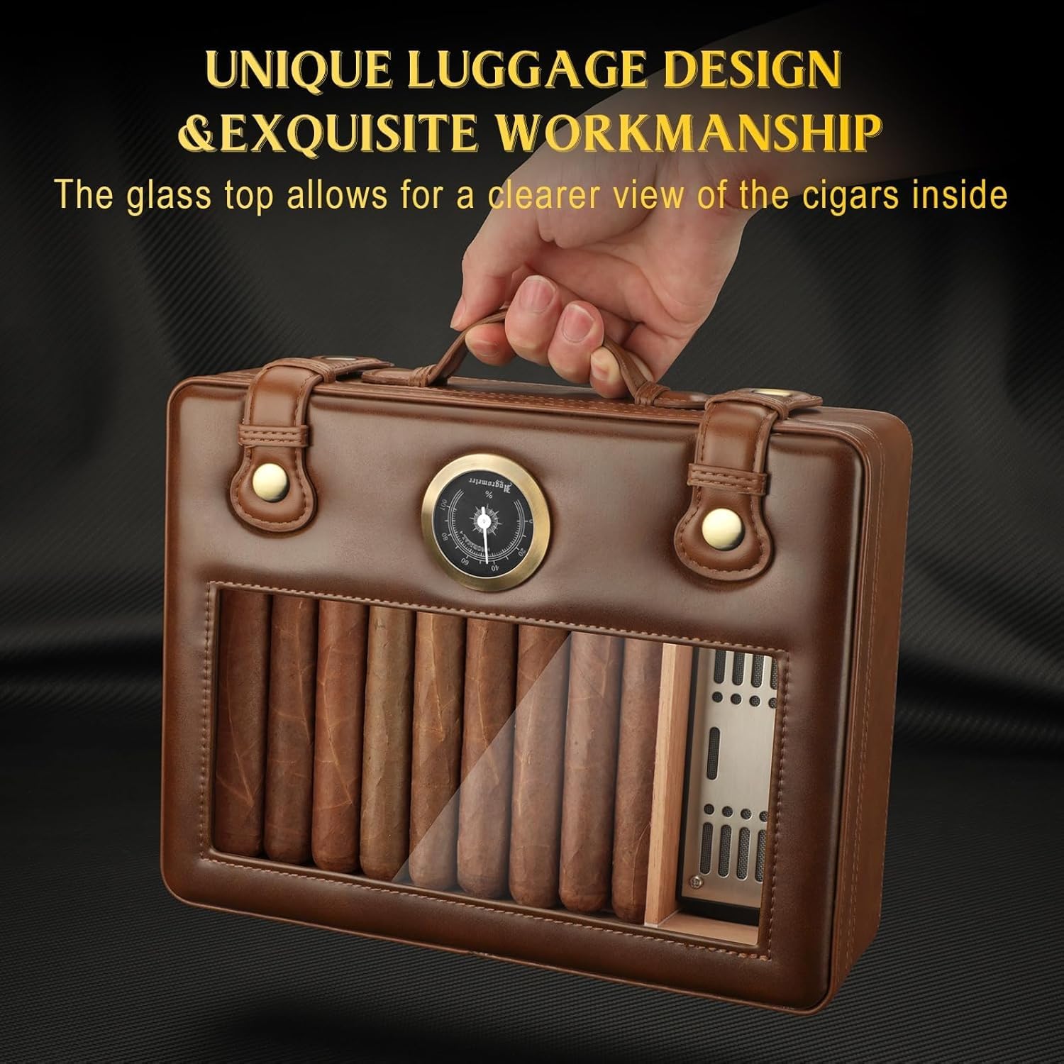 Scatola porta sigari per 30 sigari in pelle PU con coperchio vetro, umidificatore, igrometro, rivestimento cedro, regalo per marito, papà, festa del papà, Natale, compleanno,Marrone
