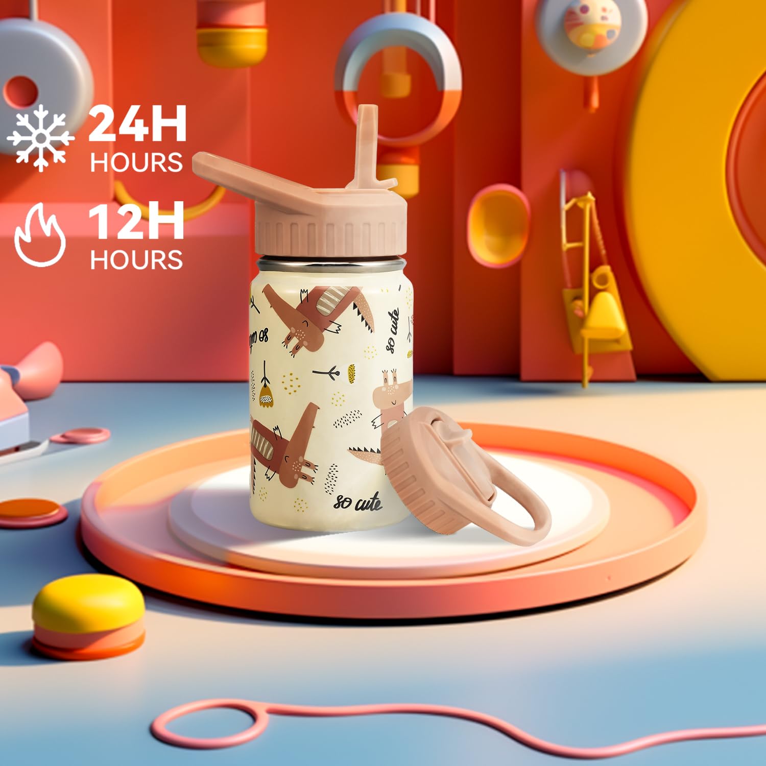 SANTECO Borraccia Bambini Acciaio Inox, Bottiglia Termica a Prova di Perdite con Cannuccia, Termos 350 ml, Senza BPA, Coccodrillo