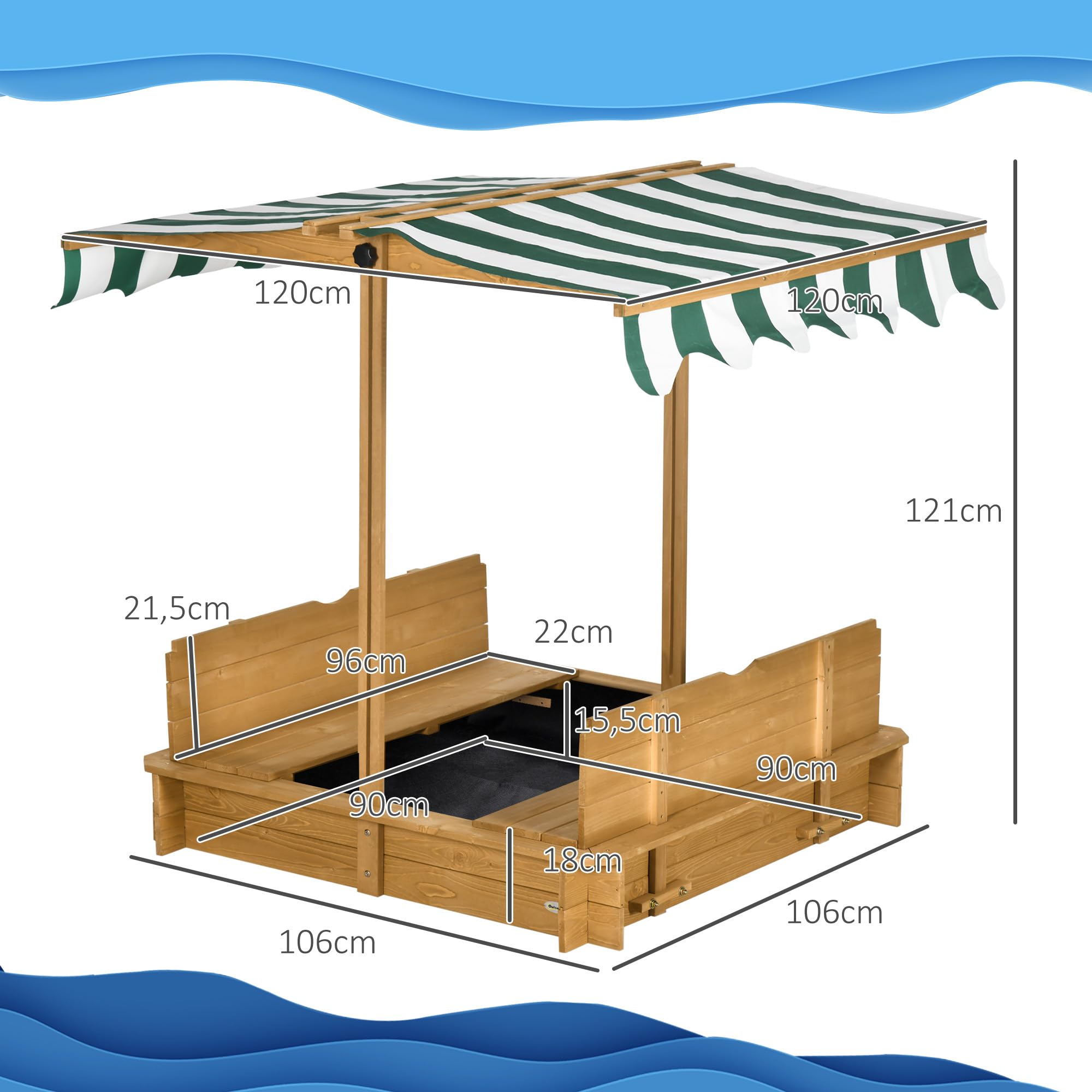 Outsunny Arenero para Niños de Madera Arenero con Toldo Ajustable Respaldos Desmontables y 2 Bancos para Jardín Patio 106x106x121 cm Natural y Rayas Verdes