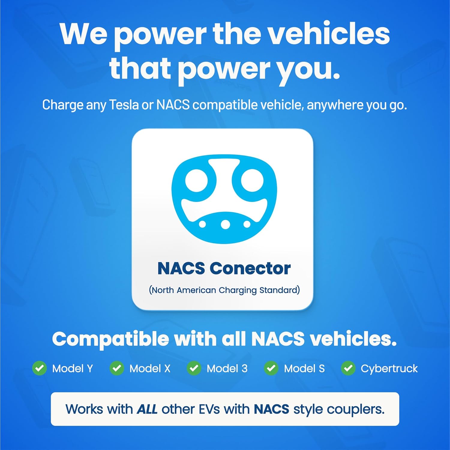 Diagram showing the NACS connector and listing compatible Tesla models (Model Y, X, 3, S, Cybertruck) and other NACS EVs.