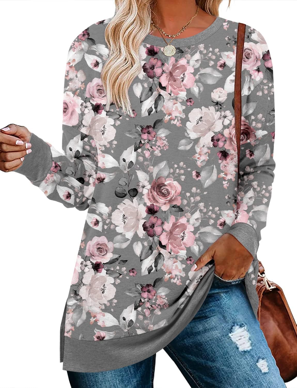 Women's Drop Long Sleeve Sweatshirts Casual Crewneck Tunic Tops Sweartshirts With Side Slits S-3XL