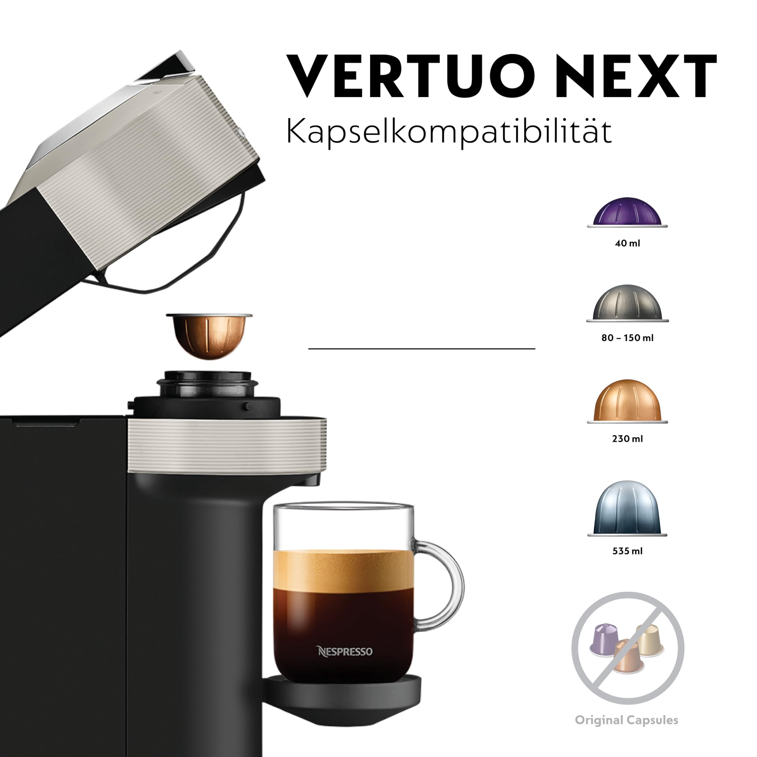 Nespresso Krups XN910B Vertuo Next Kaffeekapselmaschine | 1,1 L Wassertank | Kapselerkennung durch Barcode | 6 Tassengrößen | Power-Off Funktion | 54 % aus recyceltem Kunststoff | Light Grey