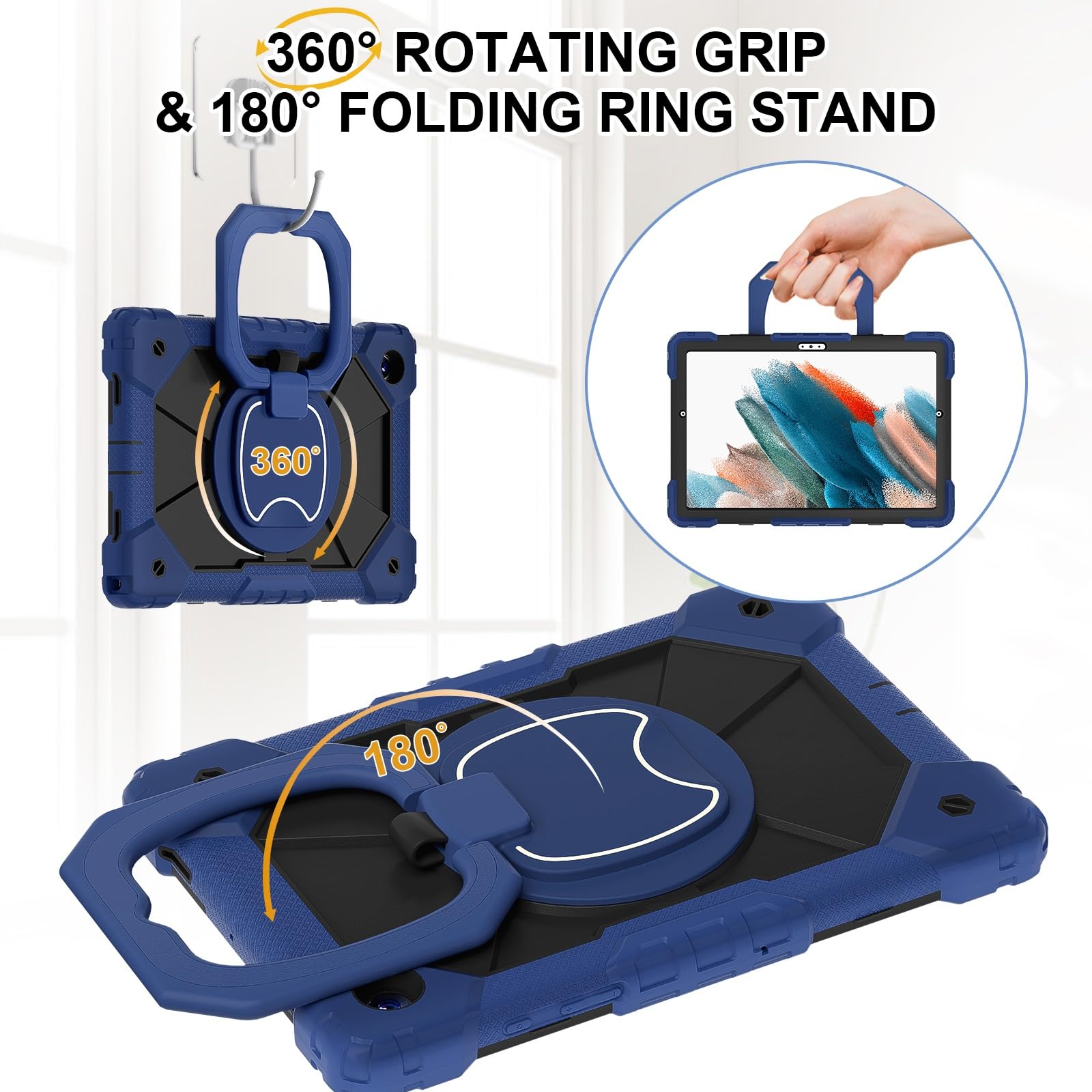 Etui Galaxy Tab A8 kompatybilne z etui Samsung 10,5 cala (SM-X200/X205) 2021 Wytrzymałe, odporne na wstrząsy, ochronne obrotową podpórką 360° + pasek rękę + ramię(Navy+Black)
