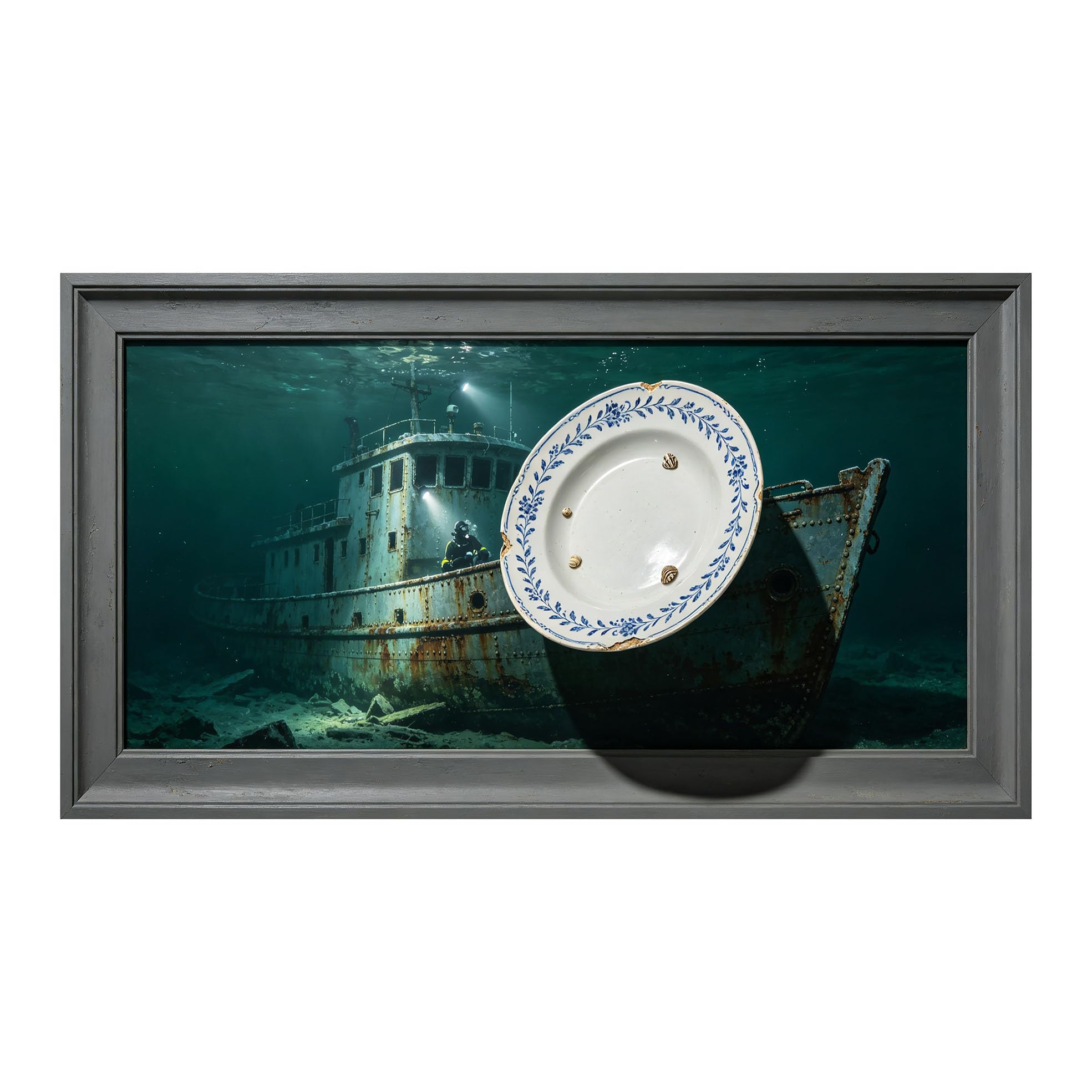 Yzpallescene 3D Framed Wall Art 50cm×100cm Seascape Marine Shipwreck Trompe L'oeil Realistic Panoramic Large Size SelfAdhesive Removable Wall Decor Prints Artwork for Living Room Bedroom Office