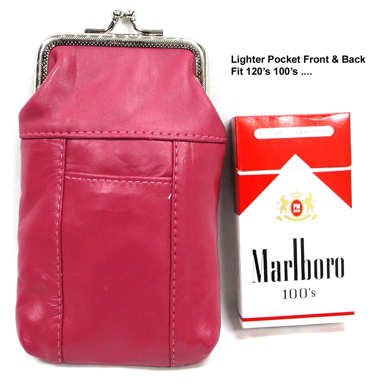 2pc 2 Color Set Genuine Leather Cigarette Case Pouch Fit 120's or Smaller Pack 1pc Black + 1pc Dark Pink