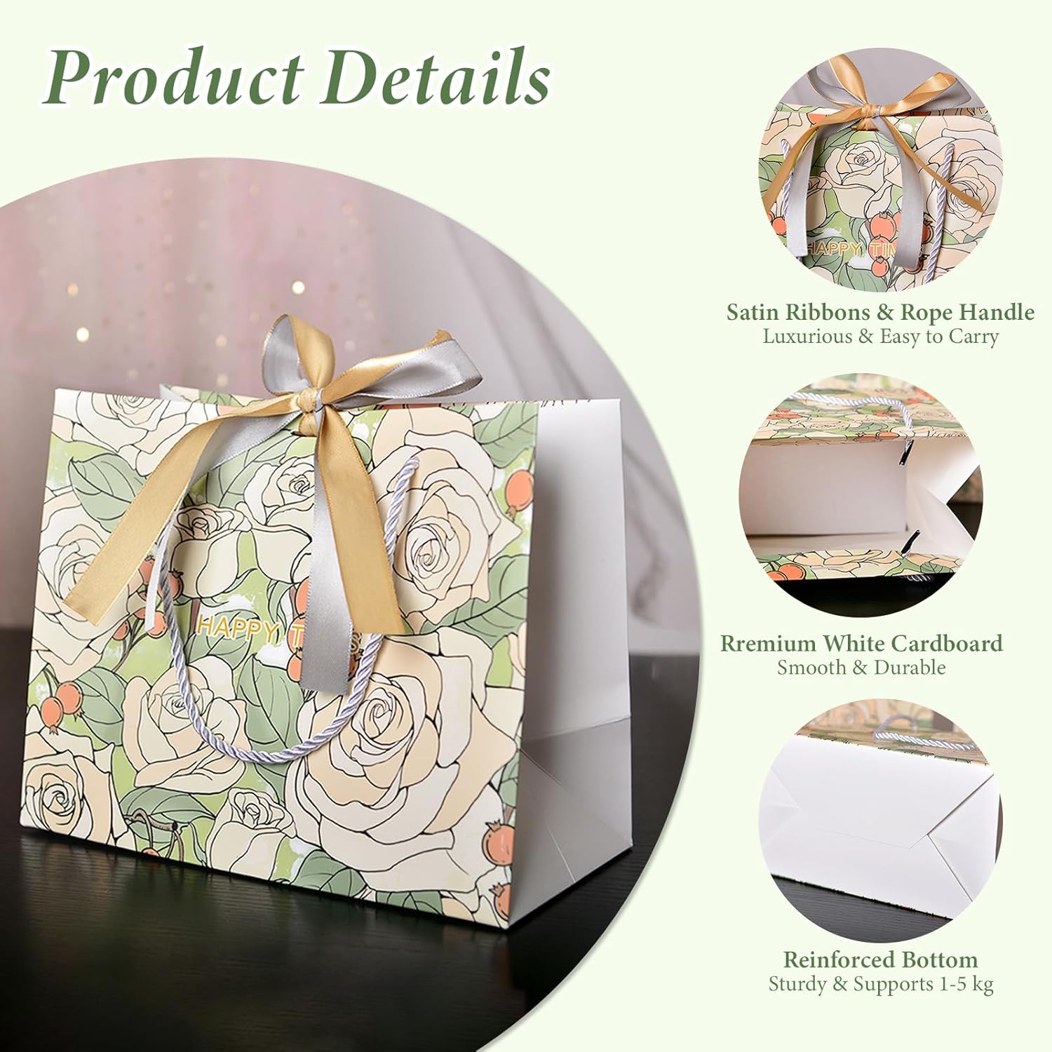 FAYEVIVI Large Gift Bag With 2 Tissue Paper And Greeting Card，Rose Floral & Double-layer ribbon Present Bag with Handles for Women Girls Bridesmaid Birthday Valentines Wedding Party (10)