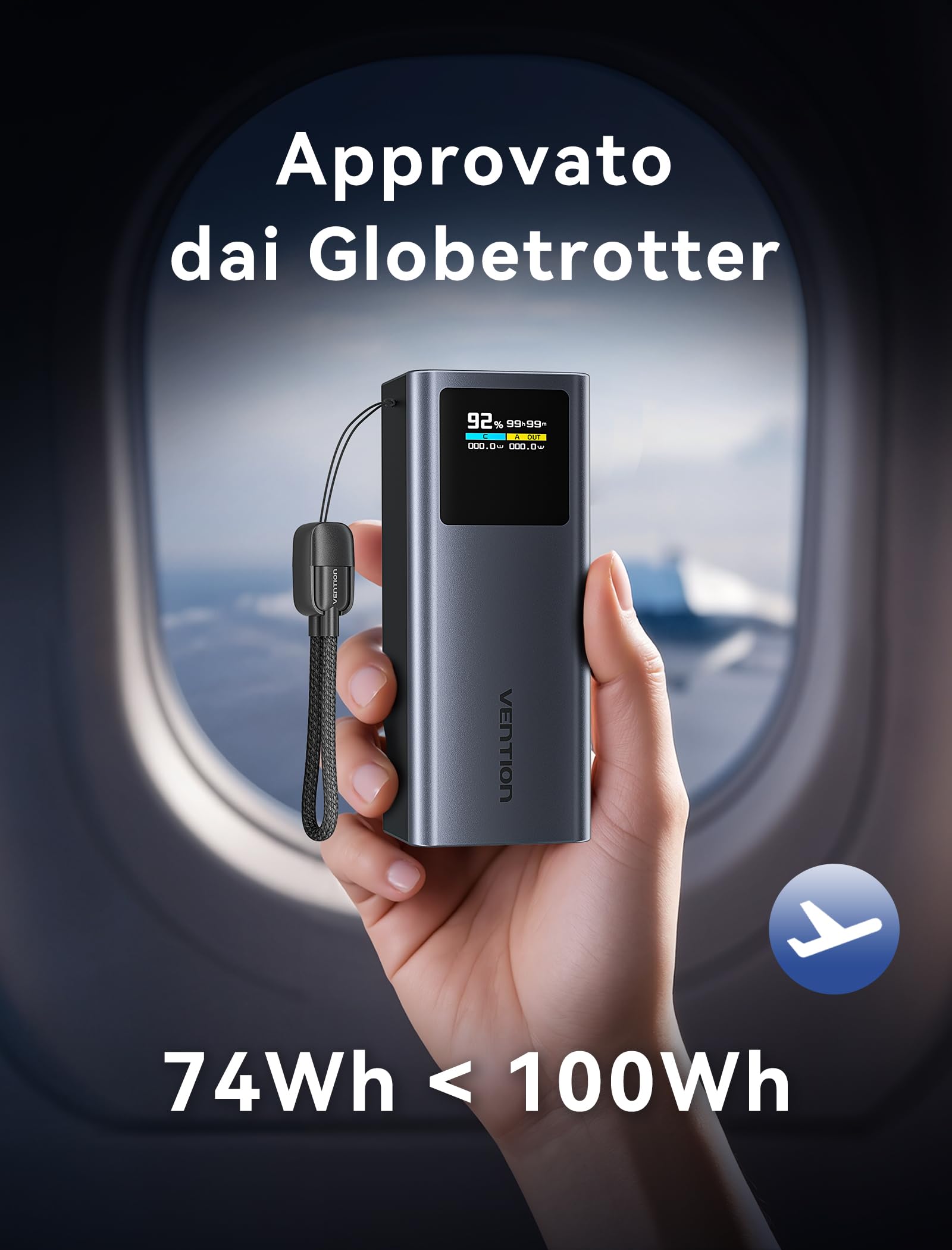 VENTION 20000mAh Power Bank, 100W Caricatore Portatile USB-C PD3.0 con Display Digitale, Cavo USB-C Integrato, Compatibile con MacBook Pro/Dell/HP, iPhone 17/16/15/14/13, iPad Pro, Galaxy S25