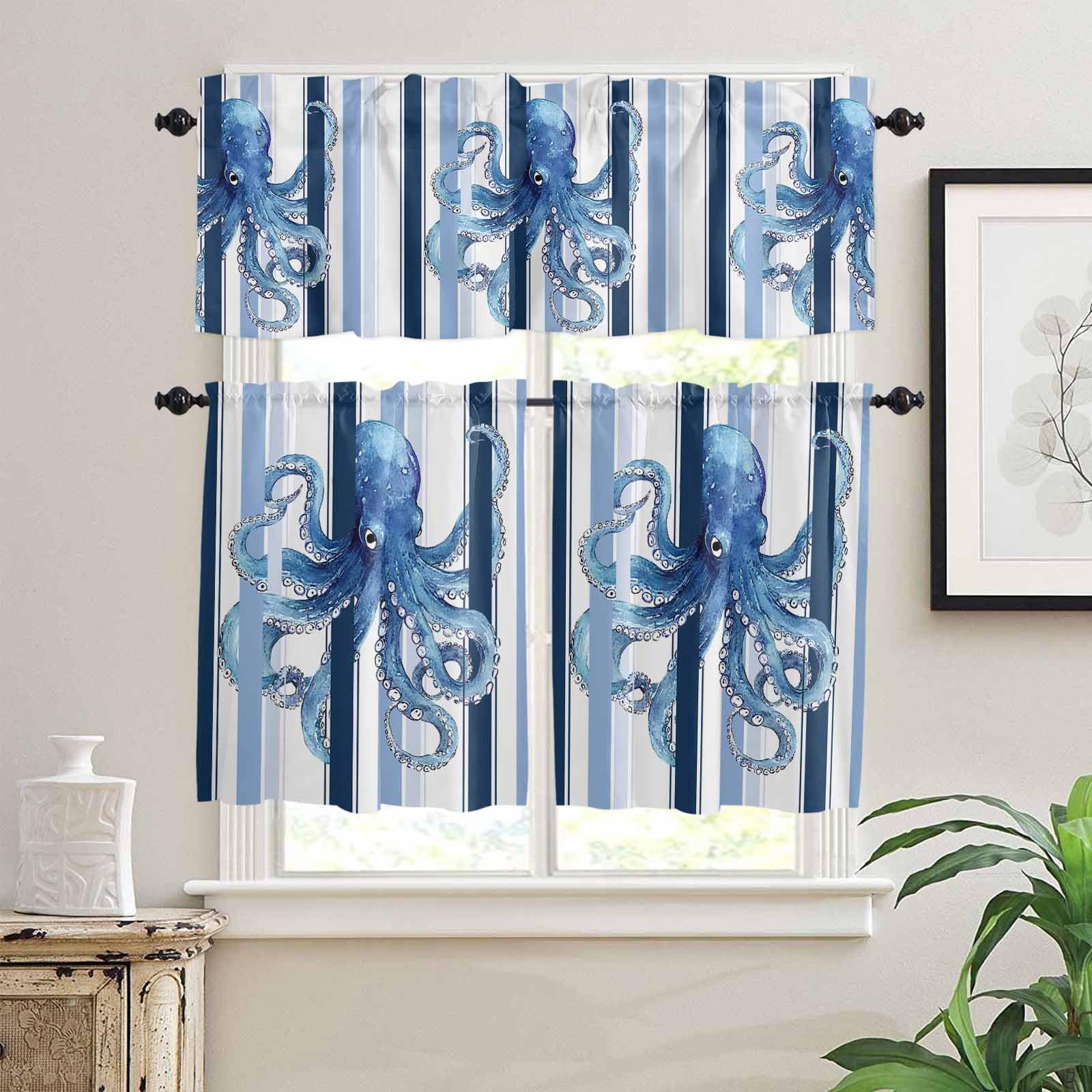 Ocean Octopus Kitchen Curtains 24 Inch Length,3 Piece Rod Pocket Small Half Tiers and Valance Set,Watercolor Navy Blue Aqua Stripe Modern Small Large Window Treatment Decor for Bedroom/Bathroom Sink