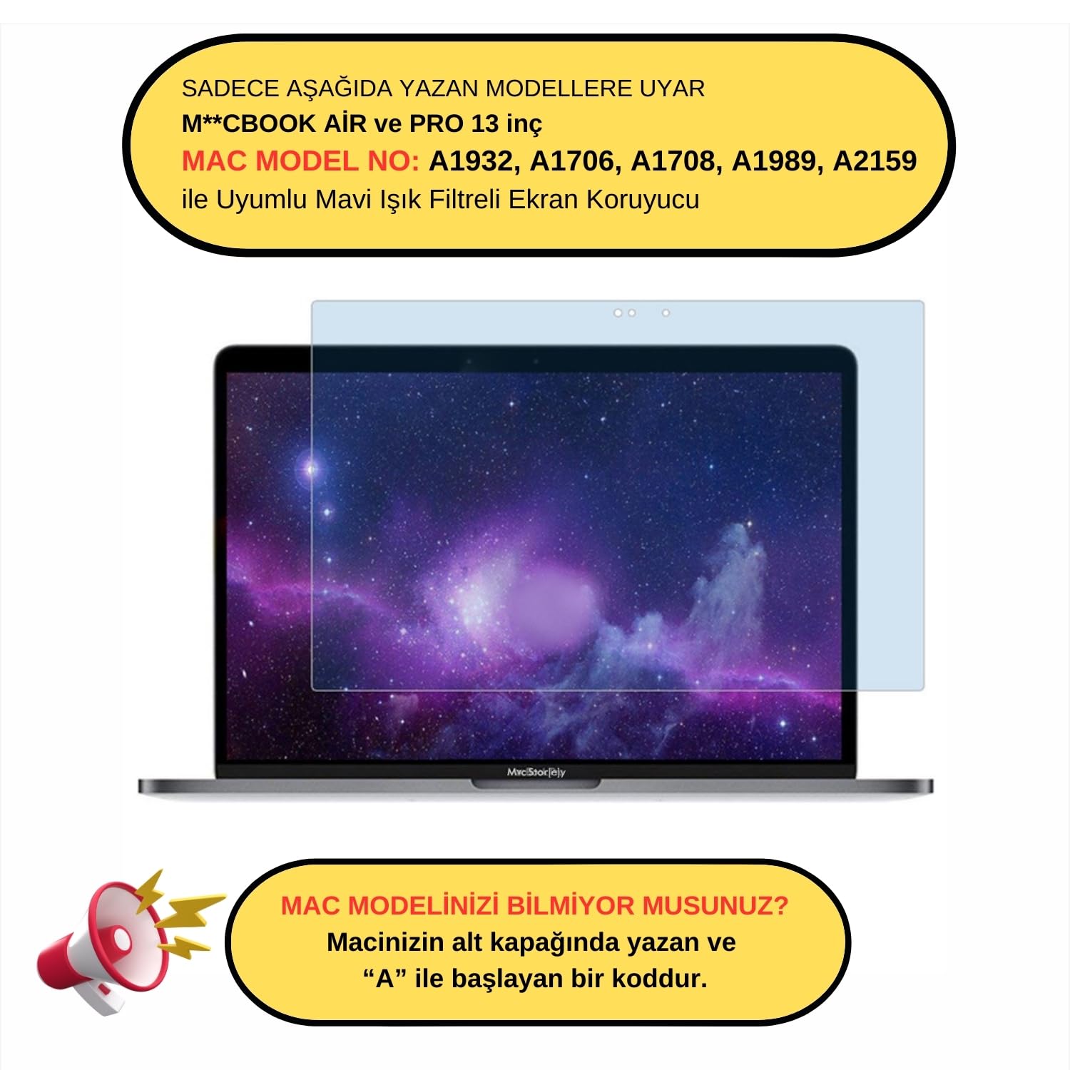 McStorey MacBook Air 13 ve MacBook Pro 13 inç Uyumlu Şeffaf Anti BlueRay Ekran Koruyucu Mavi Mor Işık Filtreli Touch Bar/Touch ID Destekli A1706 A1932 Şeffaf