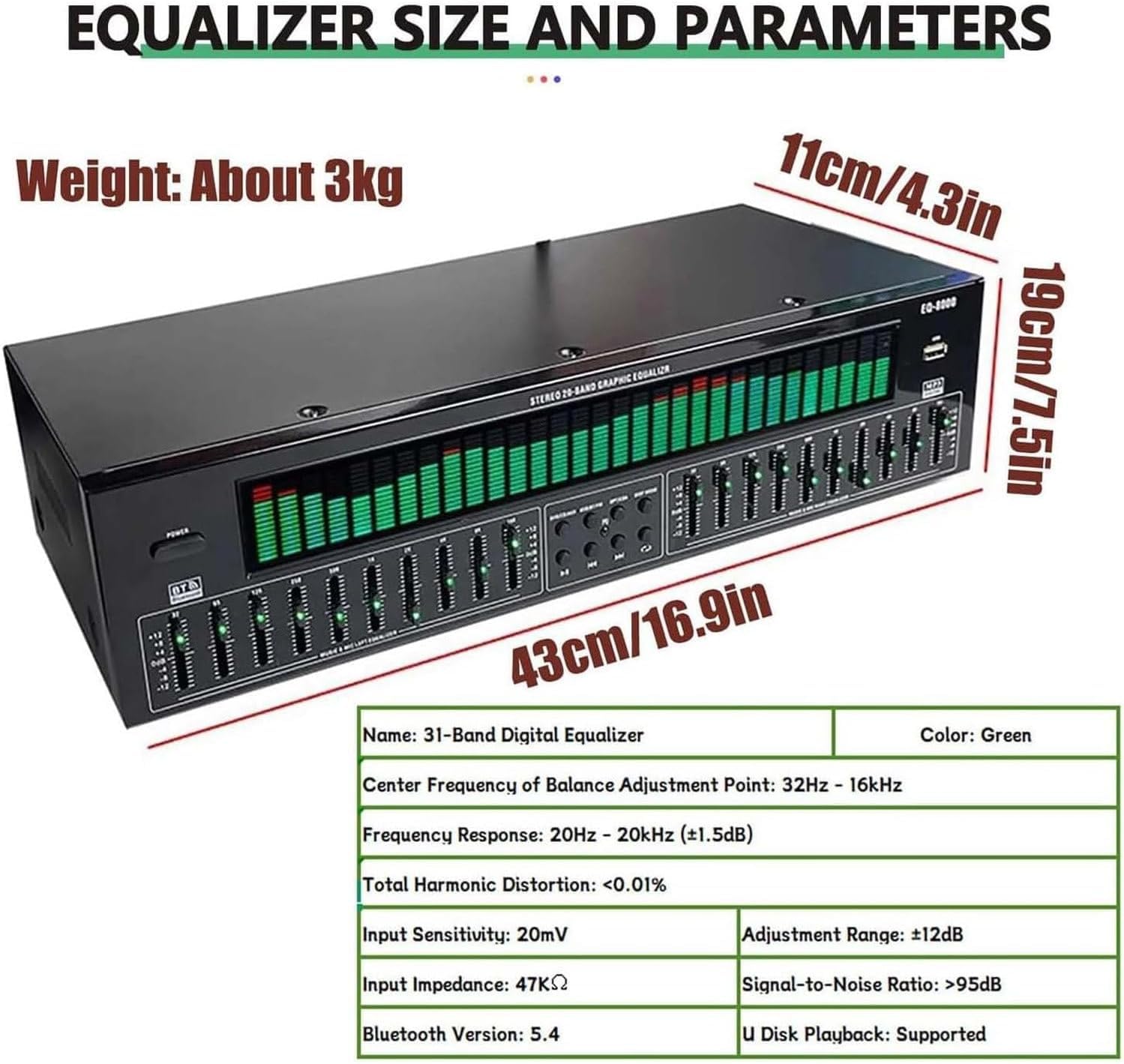 Equalizzatore Grafico Professionale 31 Bande con Bluetooth 5.4 e Analizzatore di Spettro LED - Perfeziona Audio per Studio, Home Theater, Auto e Sistemi Live Sound - Tuning di Precisione