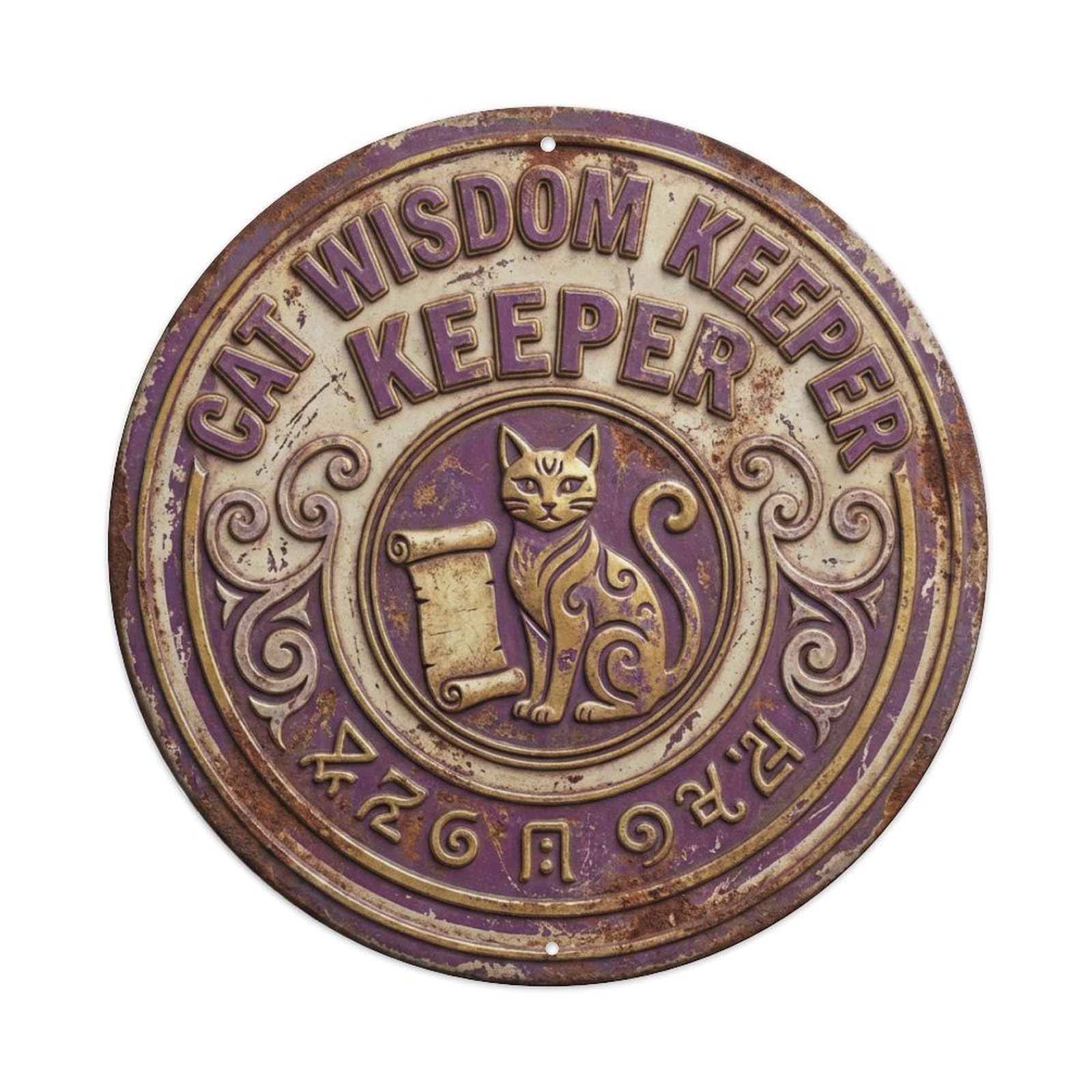Cat Wisdom Keeper Meow Metal Tin Sign Plaque Wall Decor for Cafe, Club Bar, Office, Home Garden Round Metal Poster 8x8Inch