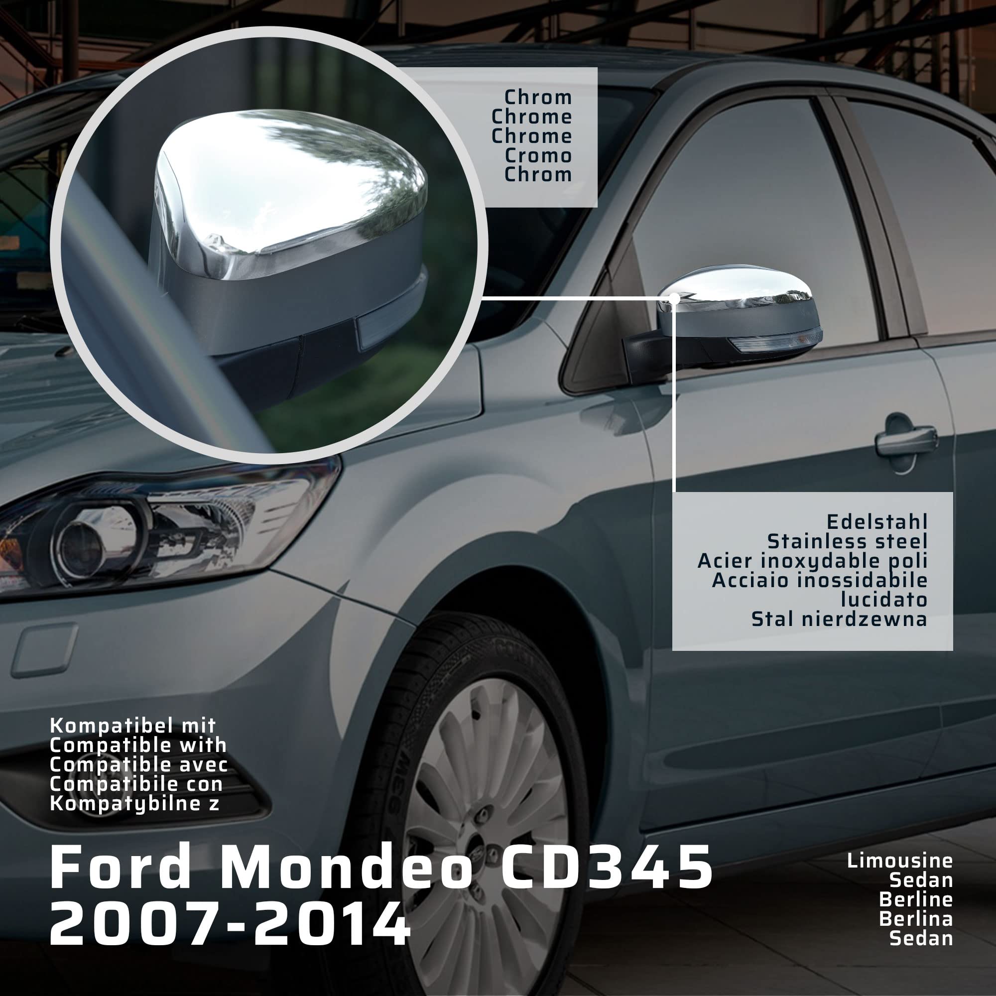 CHROMEMASTER | Nakładki na Lusterka Zewnętrzne | Kompatybilne z Ford Mondeo CD345 Sedan 2007-2014 | Stal nierdzewna; Osłony Lusterek to Niepowtarzalny Wygląd Auta i Ochrona Przed Uszkodzeniem