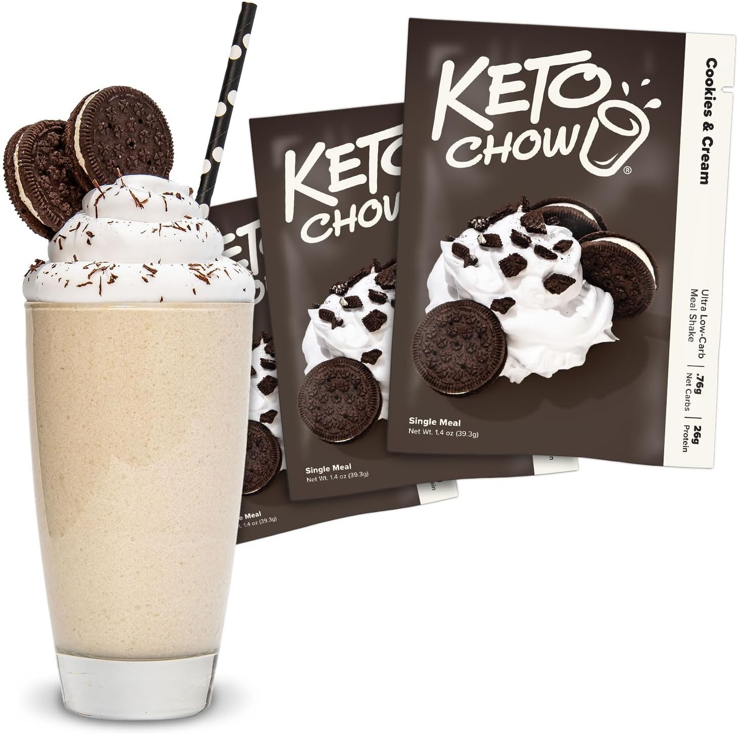 Cookies & Cream - Keto Meal Replacement Shake Powder - Nutritionally Complete - Low Carb - Delicious Easy Meal Substitute - Protein Rich You Choose The Fat - Single Meal - 3 Pack