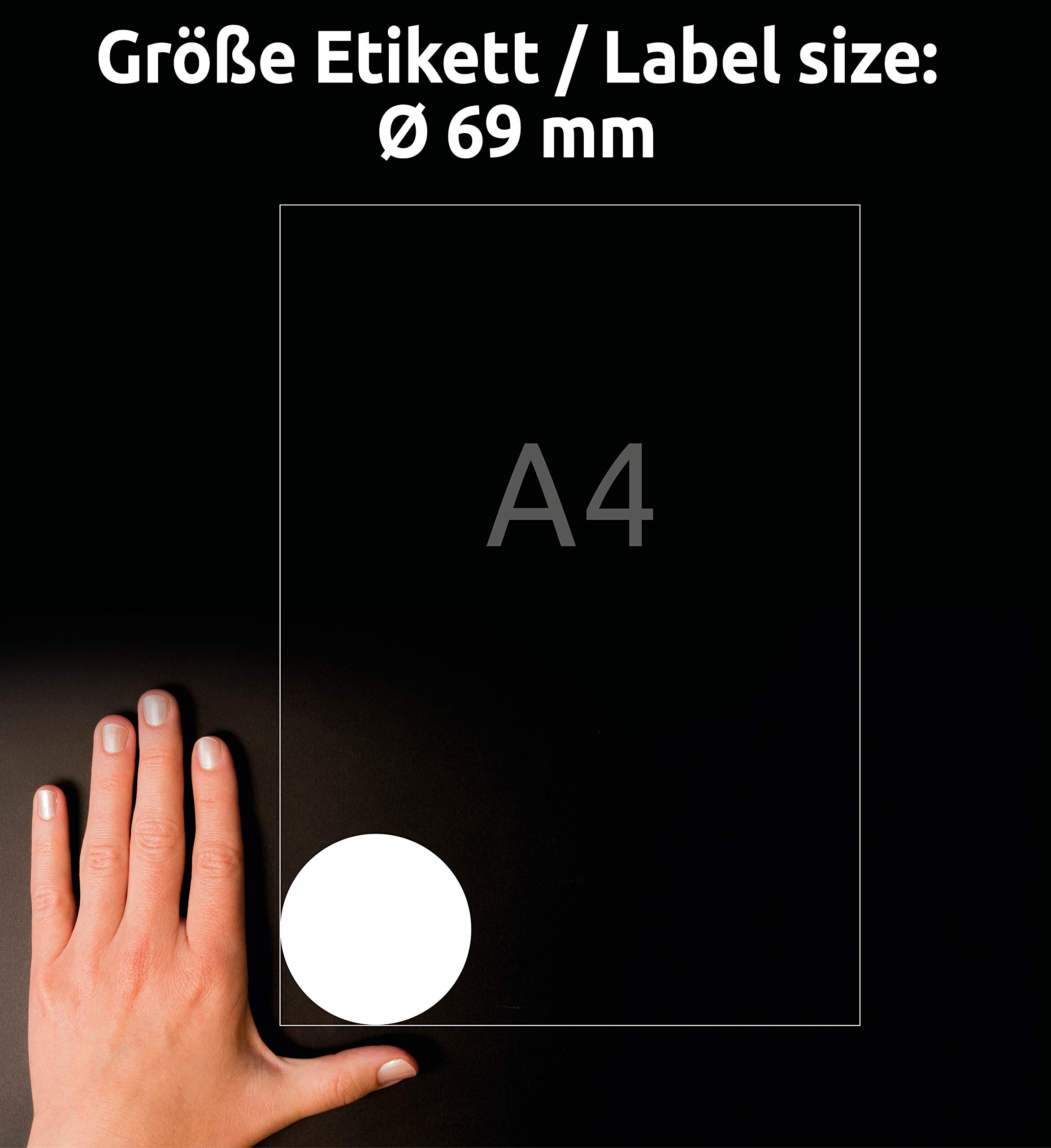AVERY Zweckform 6228REV-10 Ronde etiketten (80 kleefpunten, 69 mm op A4, ronde stickers om te bedrukken, kan zonder resten worden verwijderd/verwijderbaar, zelfklevende jametiketten), 10 vellen, wit